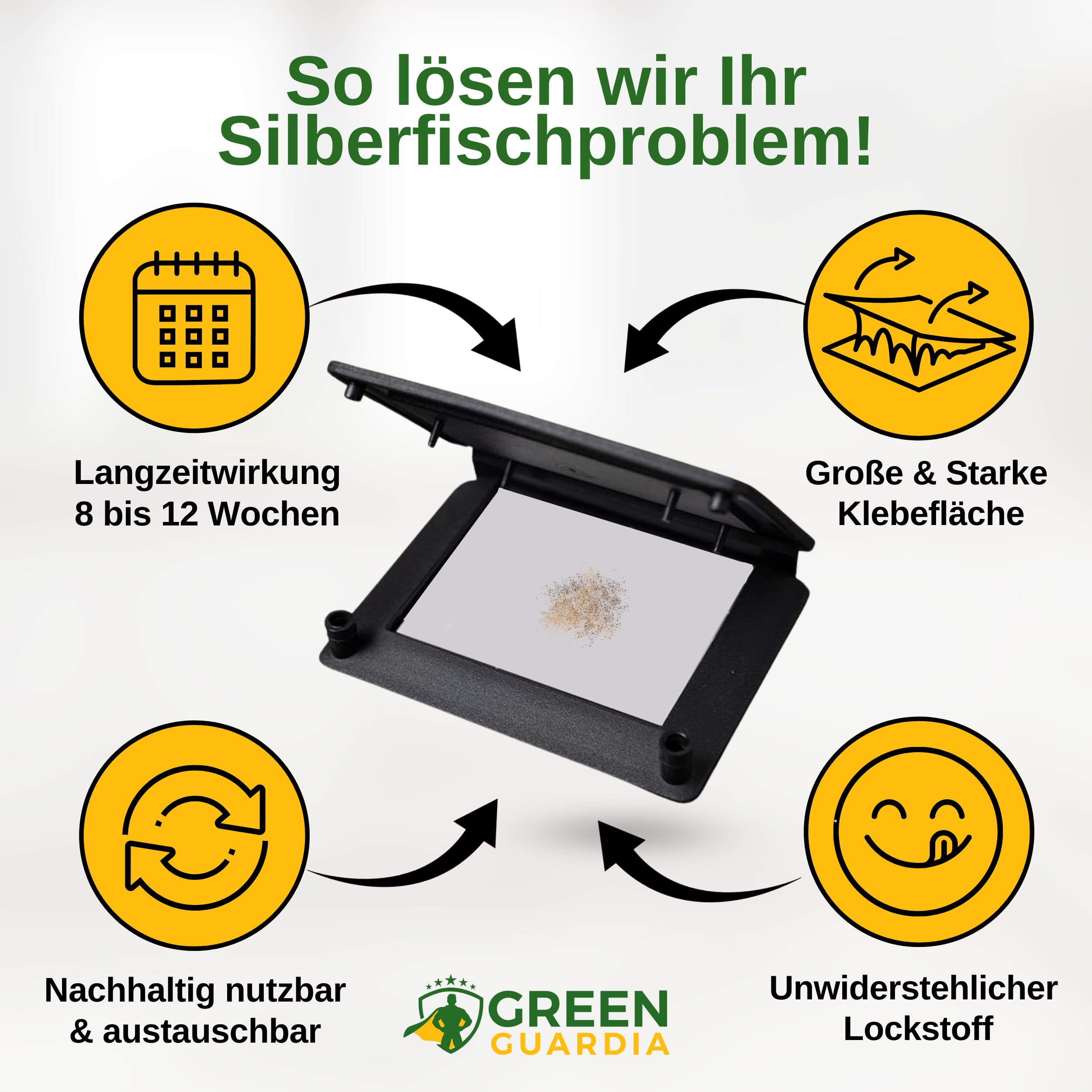 GREEN GUARDIA Silberfischfalle mit Pheromon-Lockstoff - 10x Fallen - umweltfreundlich Silberfische bekämpfen, Chemiefreie Pheromonfalle mit austauschbaren Klebeflächen, giftfrei und geruchsneutral