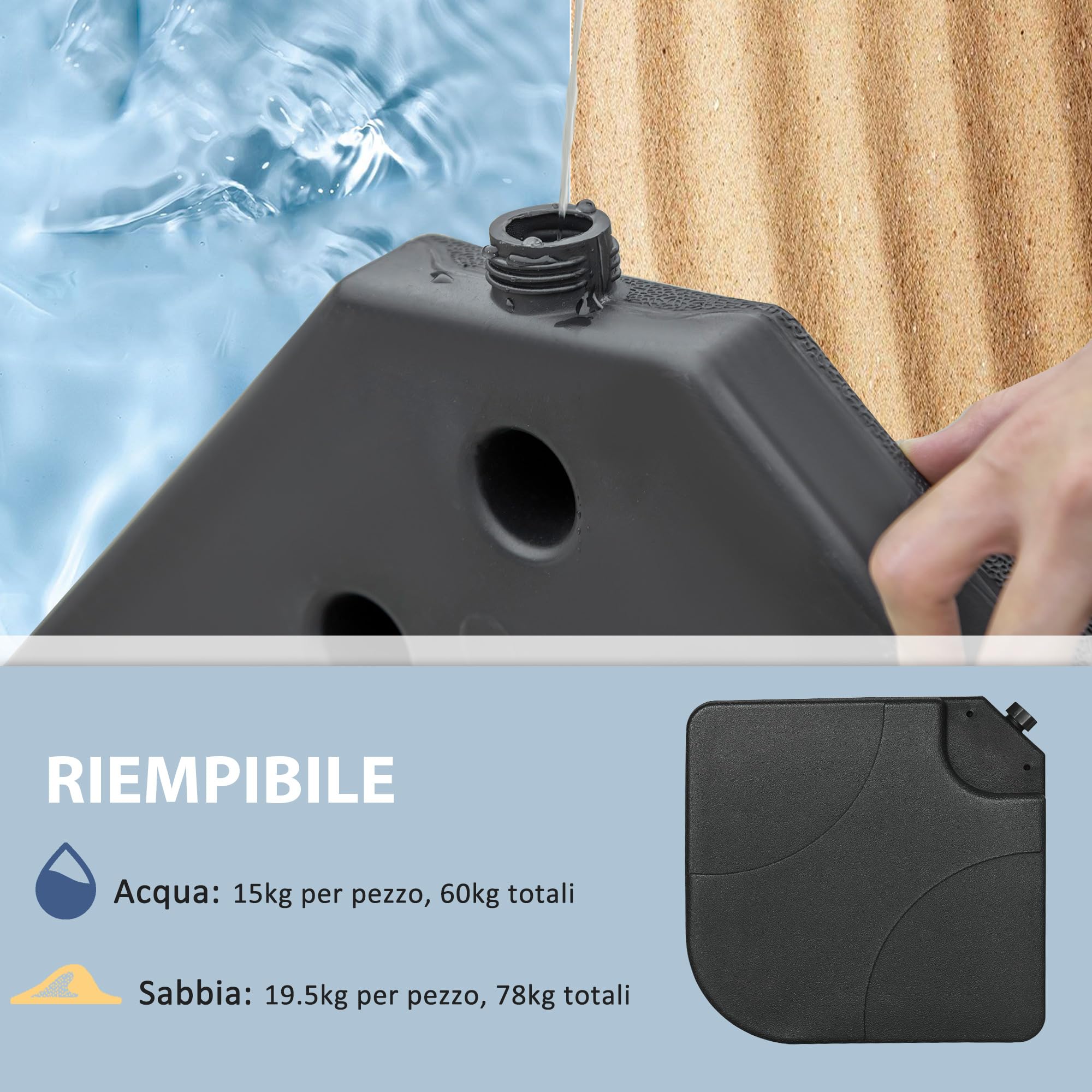 Outsunny Base per Ombrellone Set 4 Pezzi in HDPE Riempibile con Acqua o Sabbia, Basamento per Ombrellone con 4 Connettori, 104x104x7.5 cm, Nera