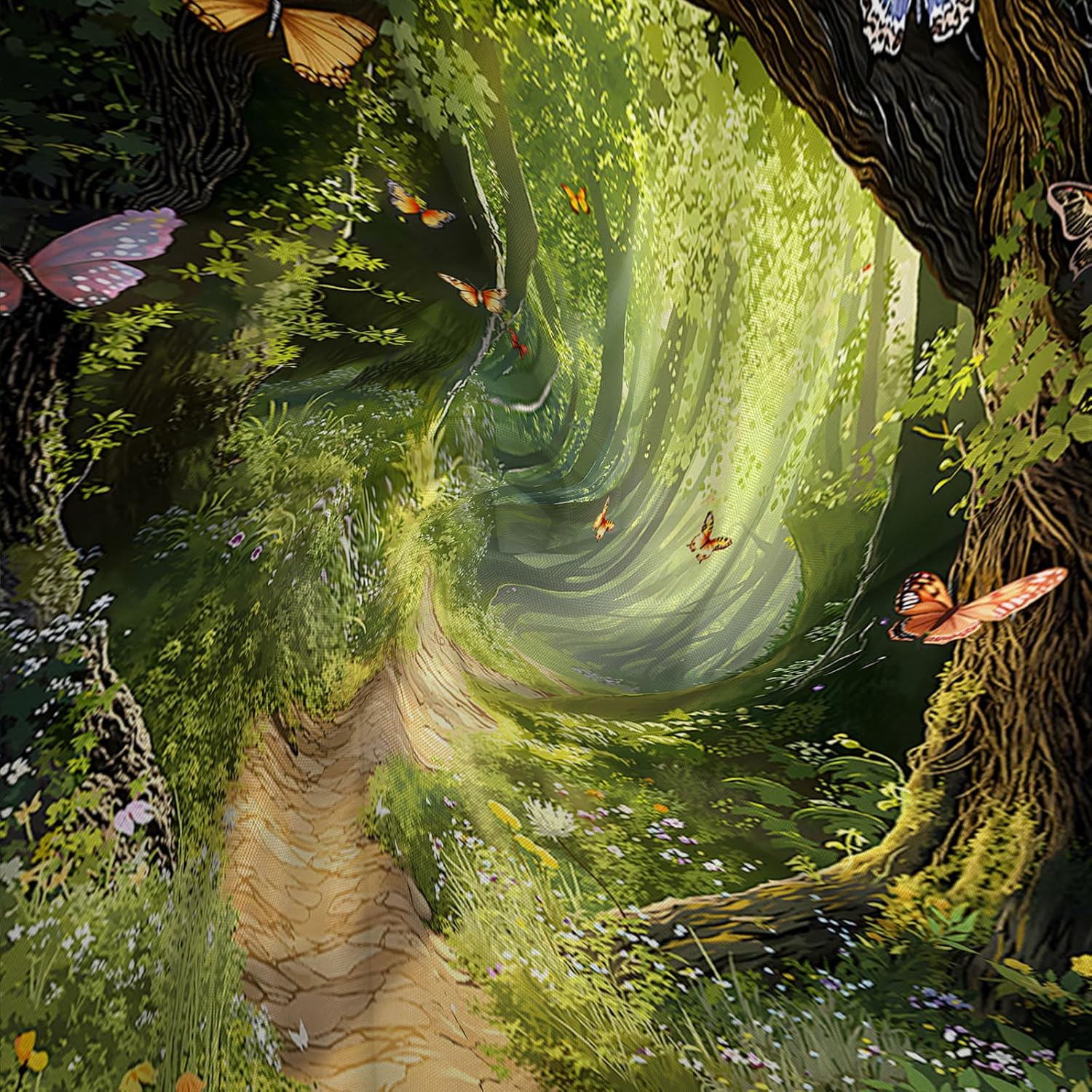 Enchanted Forest Shower Curtain Green Tree Floral Butterfly Nature Spring Scenic Garden Wonderland Fairy Tale Watercolor Landscape Bath Curtain Fabric Bathroom Accessories Decor with Hooks 90W x70L