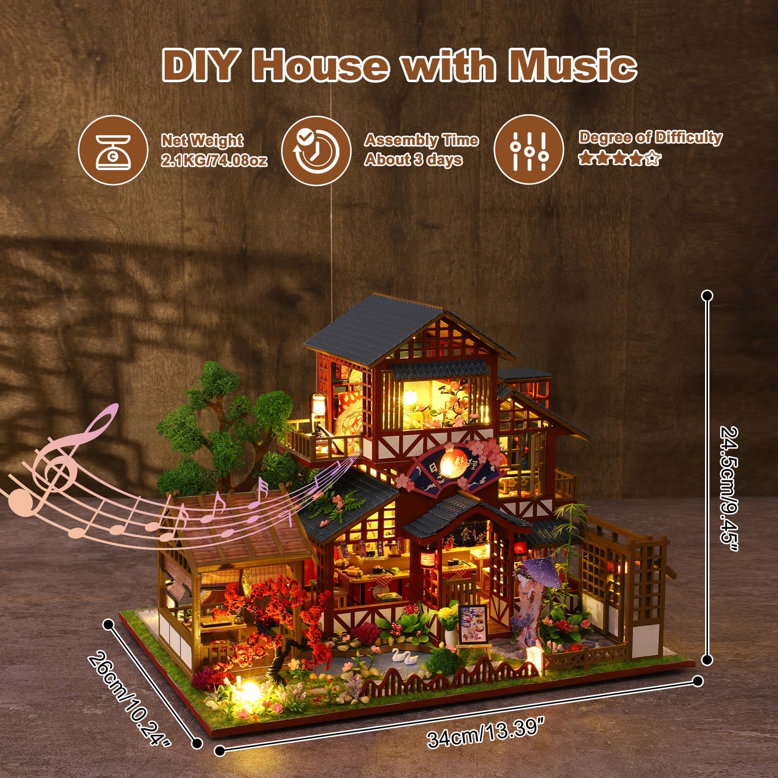 Hallisun DIY Miniature House Kit, Tiny 3D Wooden Japanese Sakura Restaurant, Mini Dollhouse Building Kit with Dustproof Cover & Music Movement, Sushi Shop Craft for Adults, Gift for Family & Friends