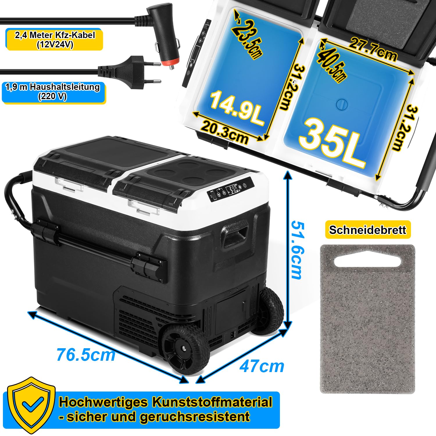 Kompressor Kühlbox 50L, Elektrisch Gefrierbox Zwei Zonen und Doppeltüren, Kühlbox 12 V/24 V bis -20 °C mit Bluetooth-Steuerung, Anti-Shake, Tragbar, für Camping, Reisemobil