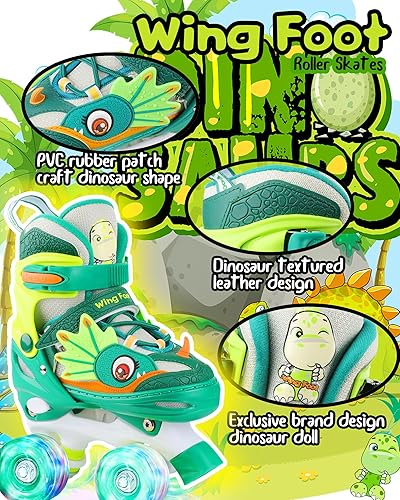 Miniatura 5 de Dino - Patines de ruedas para niños y niñas, WESKIFAN Dinosaur Quad Skating Shoes con ruedas brillantes y tamaños ajustables para principiantes para