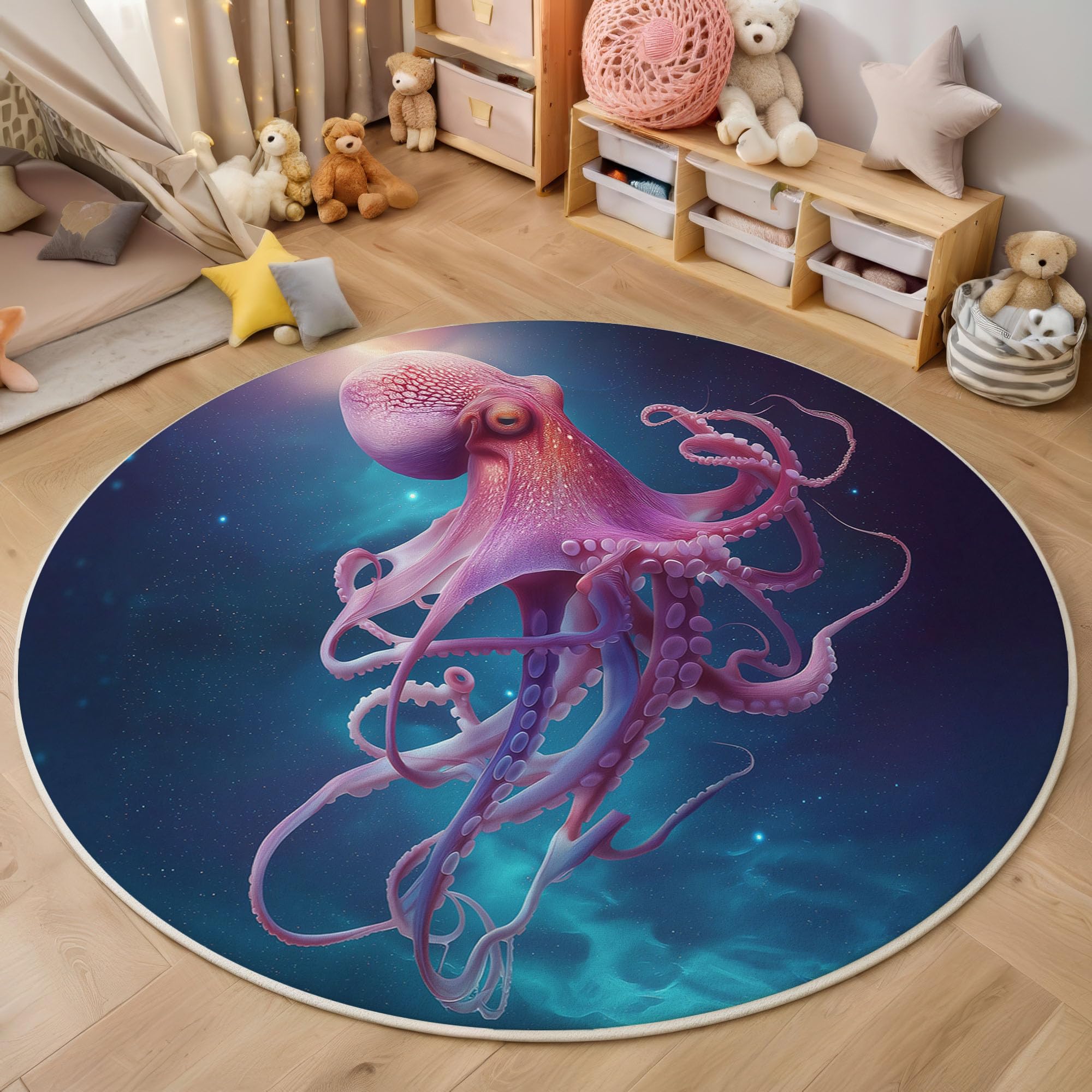 Tapis rond science-fiction pieuvre rose indigo 200cm pour chambre