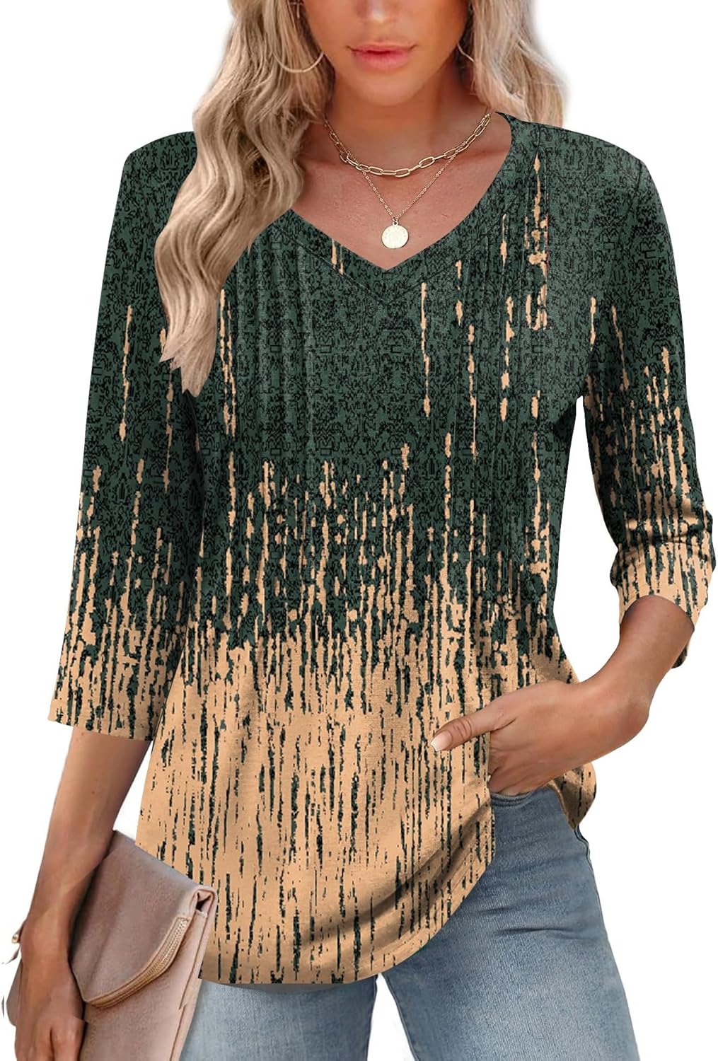 Romanstii Shirts for Women 2026 Spring 3/4 Length Sleeve Womens Tops Dressy Casual Pleated Blouses V Neck Tee Shirts S-3XL