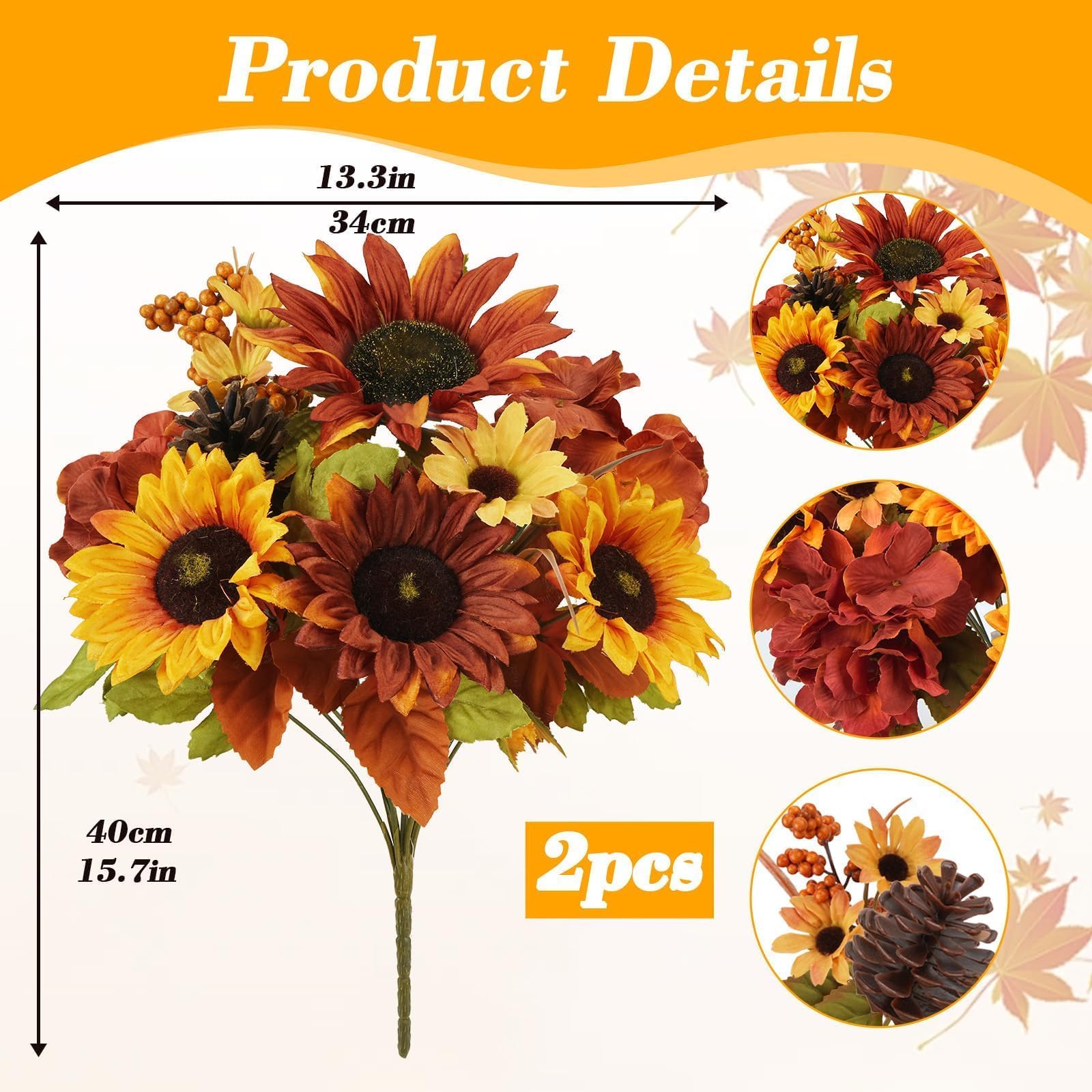 2 fasci di fiori autunnali in seta bouquet con girasoli fiori artificiali ortensie artificiali autunnali composizione floreale arancione finto fiore per casa festa autunno Ringraziamento vaso tomba