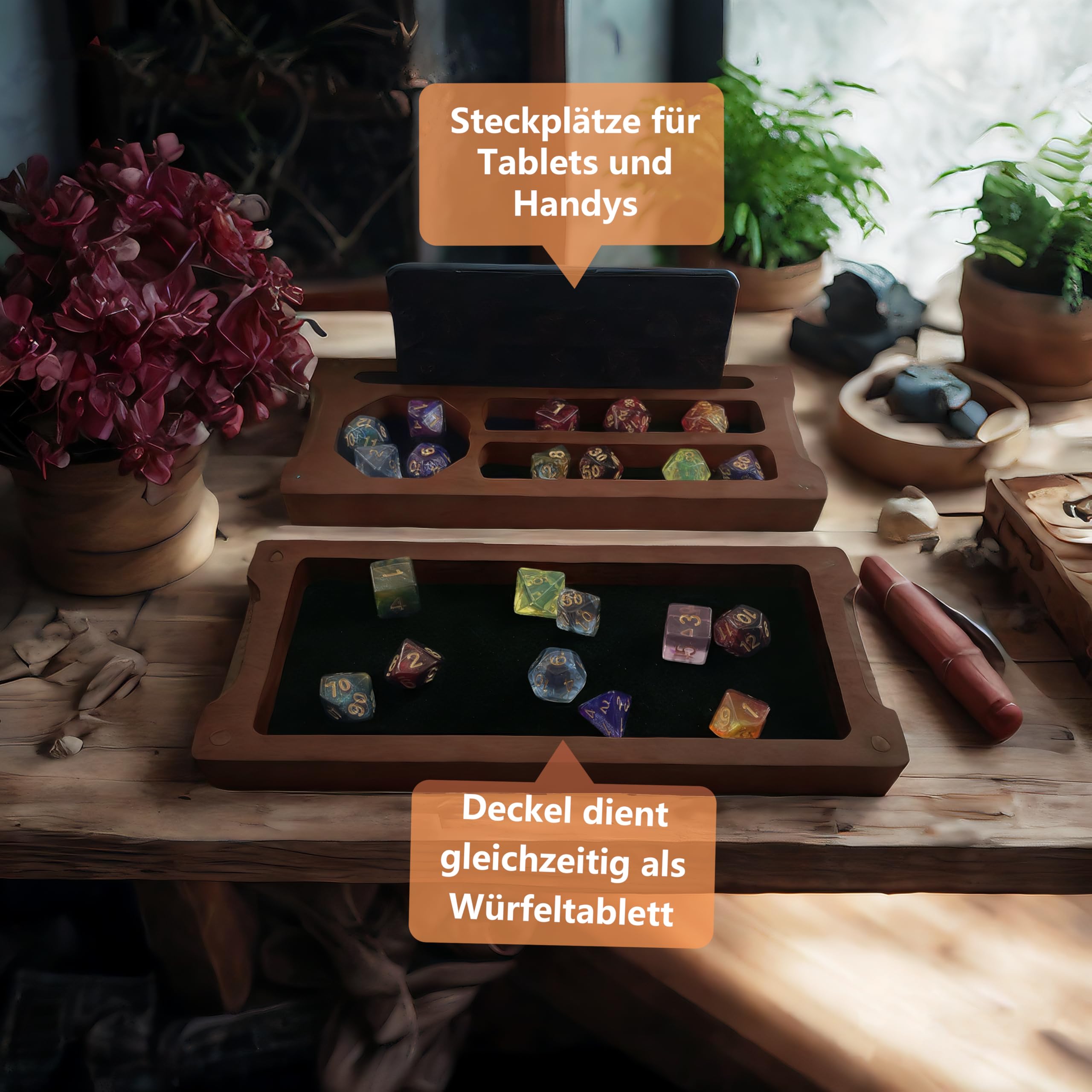 Würfelbox Holz Dice Box DND Würfelbrett 24x10 cm Würfelunterlage mit Würfelteller Würfelschale und Vorratsbehälter ideal für Dungeon and Dragon(D&D)