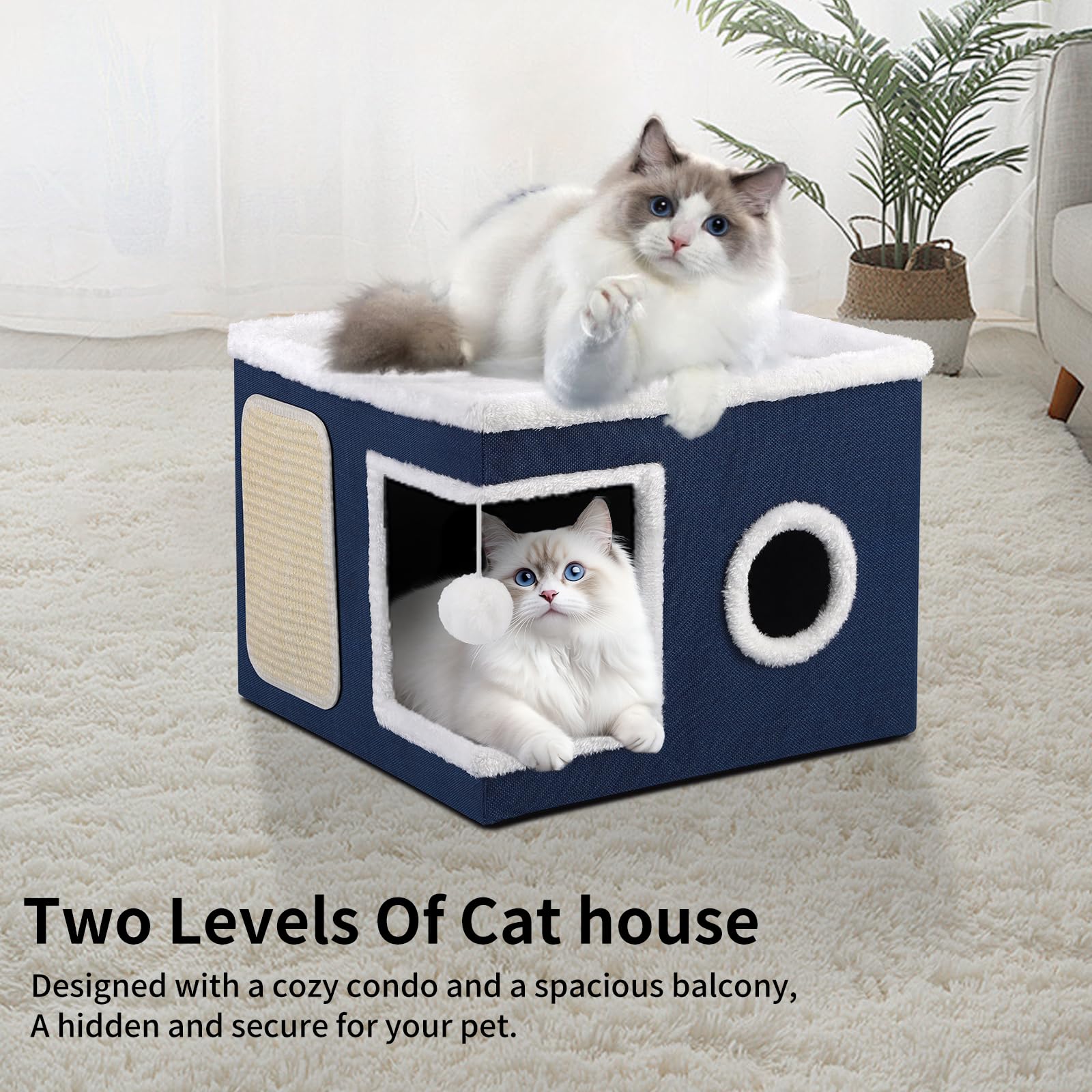 Letti pieghevoli per gatti da interno, 43 x 43 x 32 cm, grande cuccia per gatti con accogliente cuccia, palla sospesa, finestra rotonda, cubo per gatti a 2 livelli con morbidi cuscini bifacciali, Blu