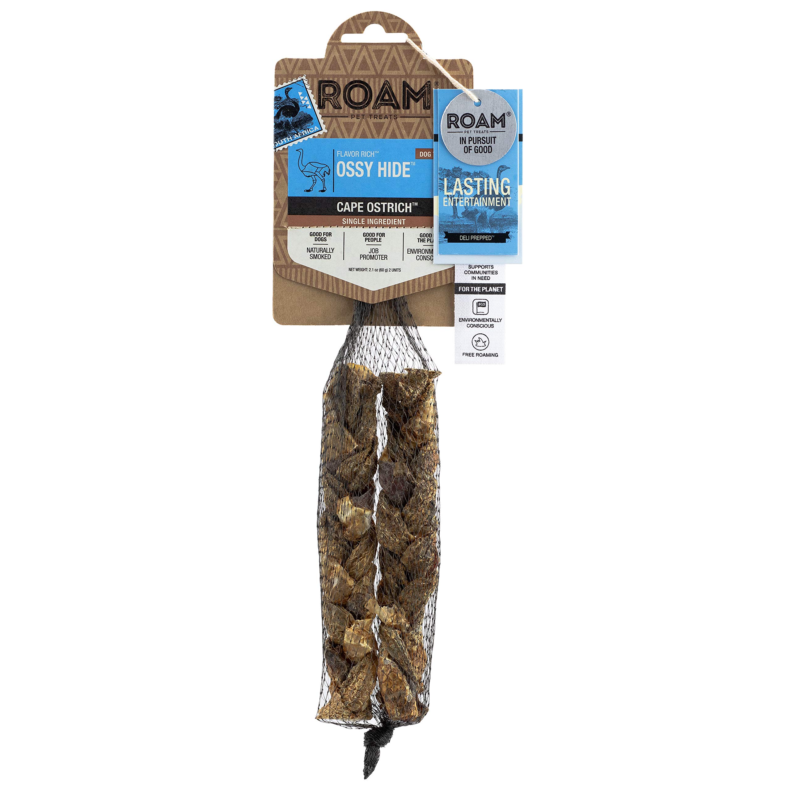 ROAM PET TREATS Ossy Hide 2pk Dog Treats, Single Source Novel Proteins Long Lasting Chews Made from Ostrich for Dogs