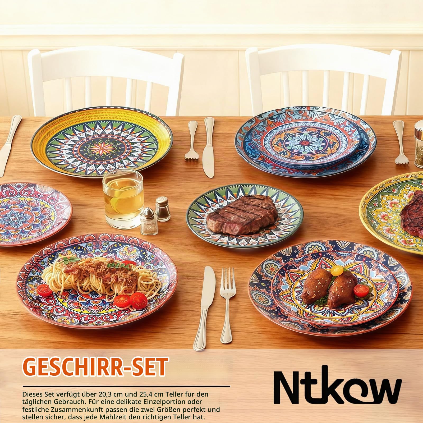12-Piece Ceramic Plate Set, 10" & 8" Plates, Bohemian Style, for 6 People, Ideal for Gatherings & Festivals, Microwave & Dishwasher Safe, Scratch Resistant