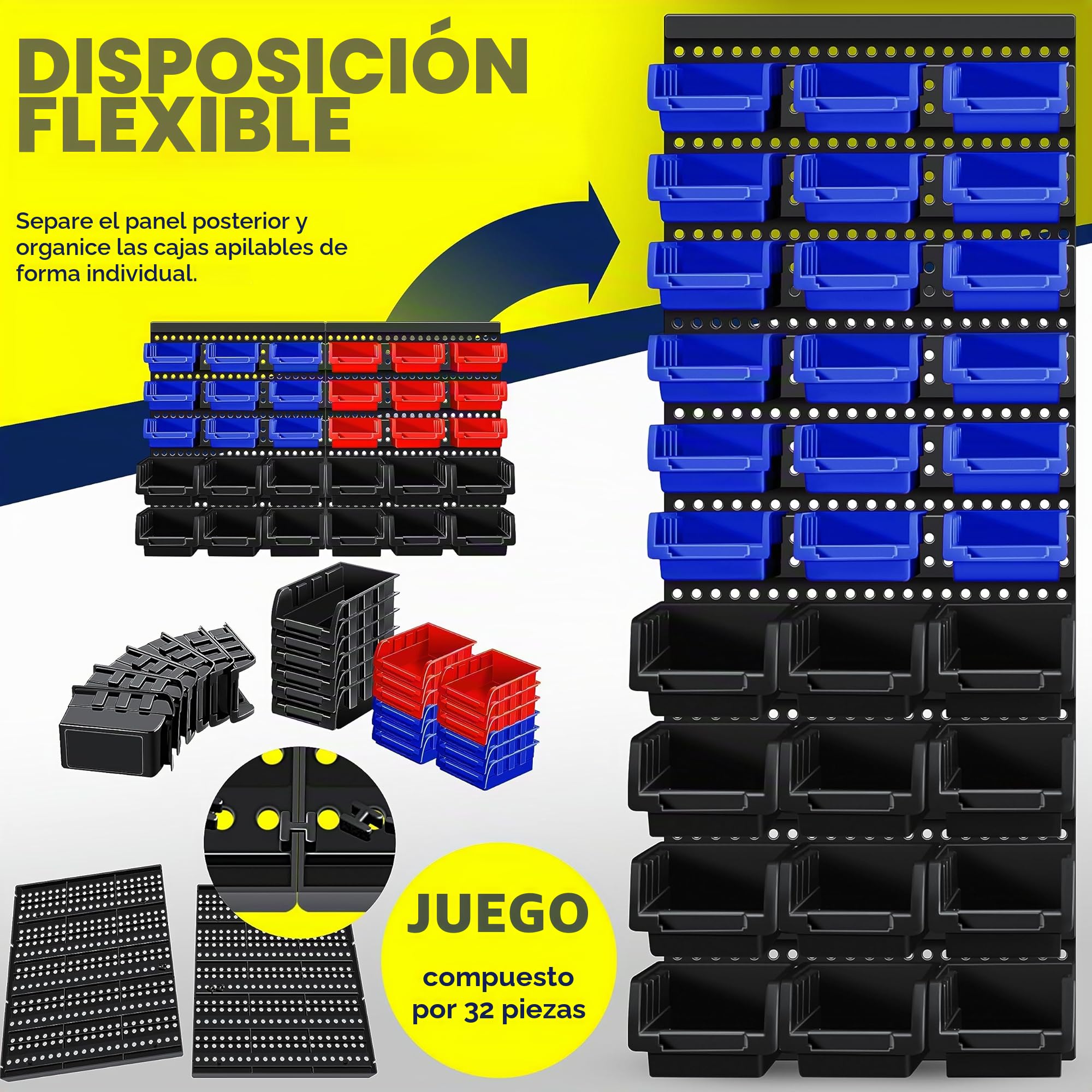 MASKO® Cajas Apilables, Estante de Pared, Cajas de Almacenamiento visibles, Estante Basculante, Estante Enchufable, 32 partes - Negro/Azul/Rojo