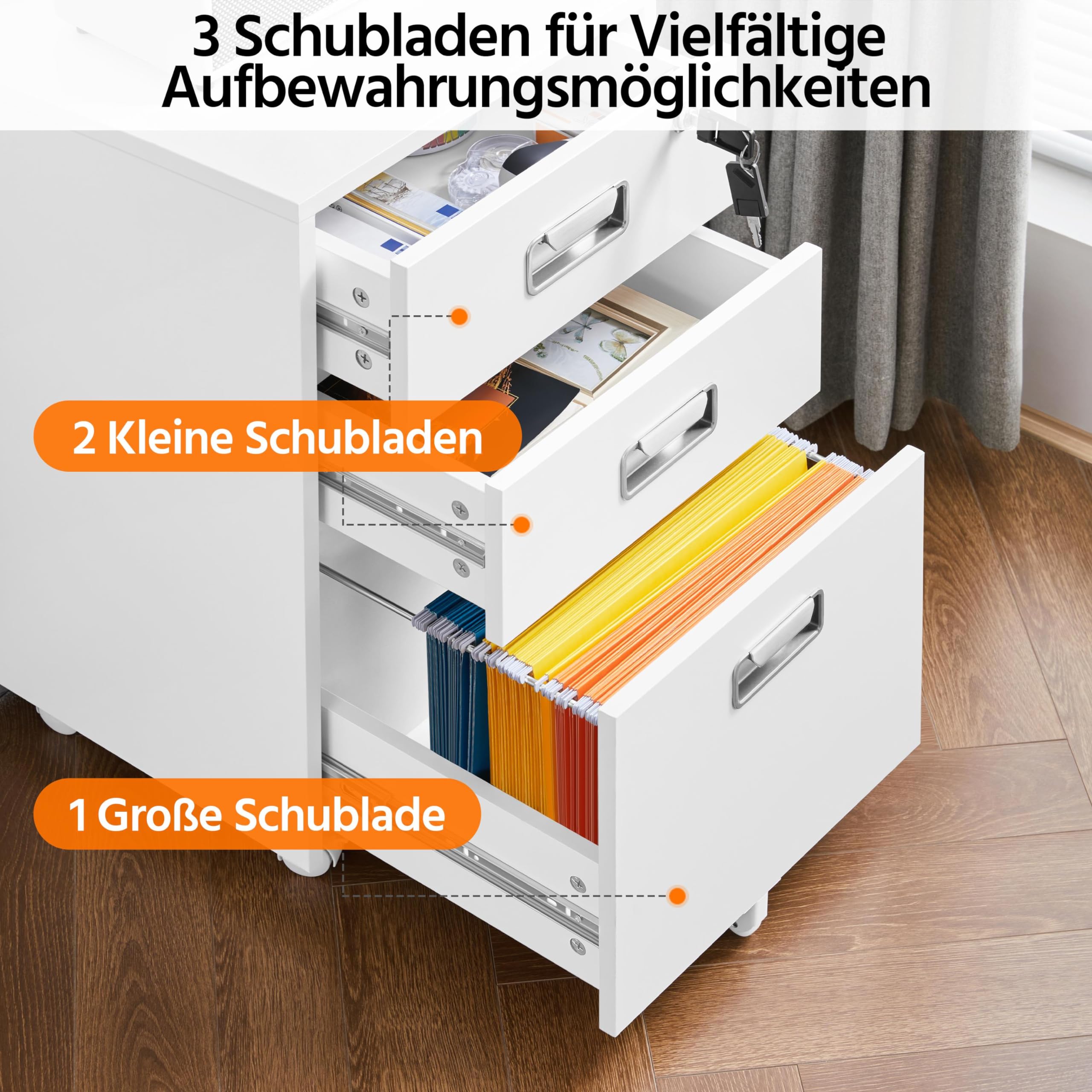 Yaheetech Rollcontainer Aktenschrank mit 3 Schubladen und Hängeregistratur Mobiler Büroschrank für Arbeitszimmer, Wohnzimmer, Büro Weiß