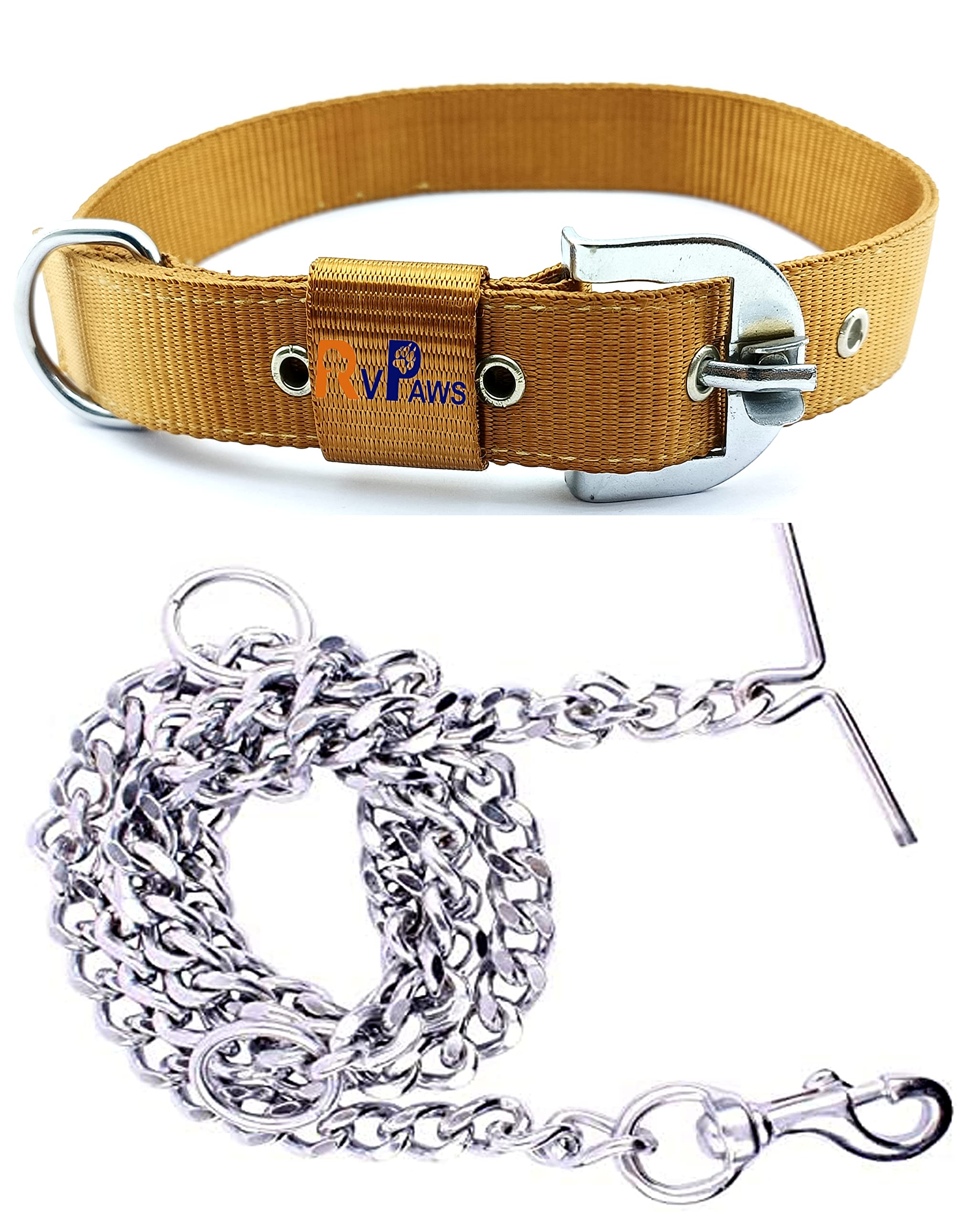 RvPaws Dog Belt Combo of 1.25 Inch Nylon Collar with Heavy Dog Chain 63 Inch Lengthy Dog Collar Chain (Golden) (B0BT1ZYBJS) Amazon Price History, Amazon Price Tracker