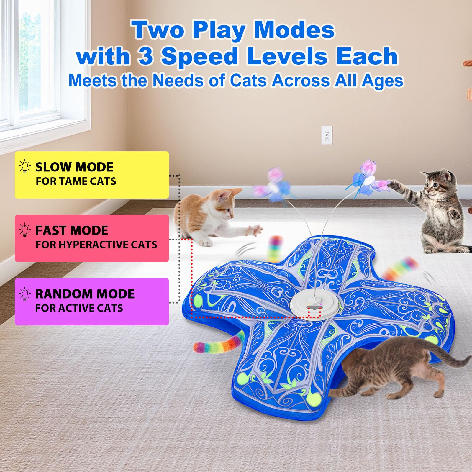 Interactive Cat Toys for Indoor Cats,[Newly Upgraded] Rechargeable Touch Activated Hide and Seek Kitten Toys for Bored Indoor Adult Cats with Fluttering (Blue)