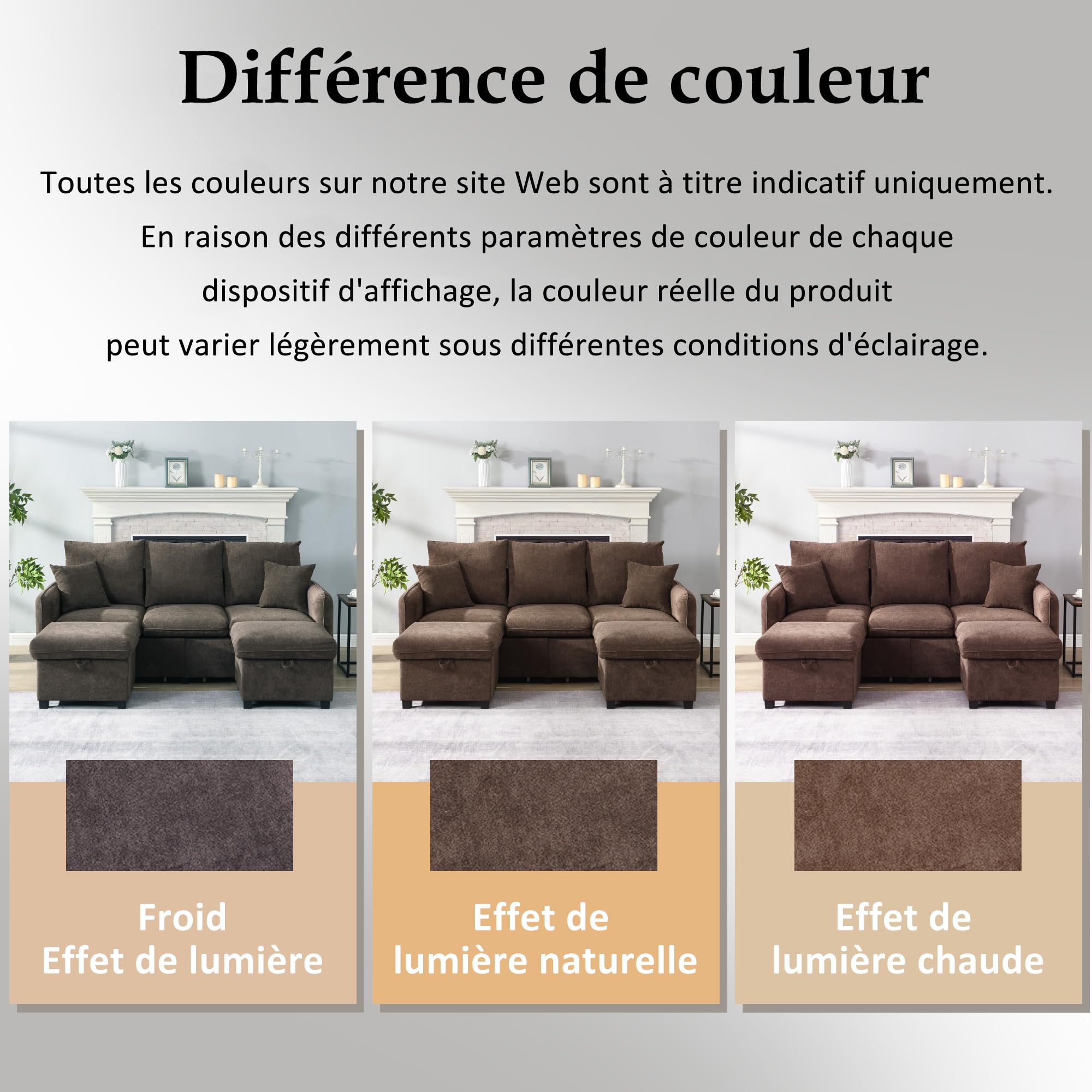 DHHU 188cm Canape en Chenille, Canape d'angle Modulable en Forme de U, Canapé Convertible 3 Places avec Pouf de Rangement et 2 Tiroirs, Coussins Confort, pour Salon, APT et Bureau, Brun Antique-F