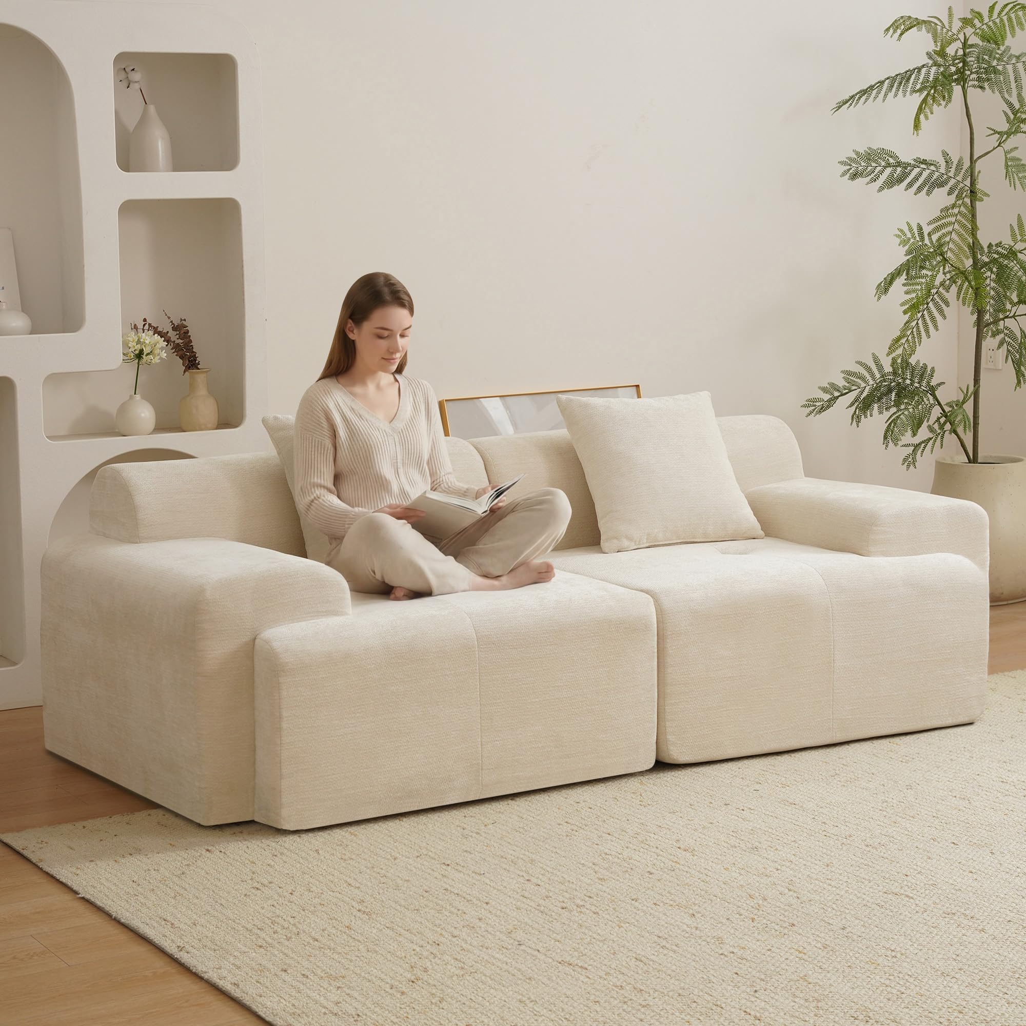 83.5" Boneless Loveseat Couch, 30" Deep Seat Modular Sofa, Cloud Comfy Couches for Living Room, Apartment, Bedroom, No Assembly Required (Beige) | 11.8" Thick Back, 2 Free Pillows, Durable Fabric, 15.4" Wider Armrests, Non-Slip Base