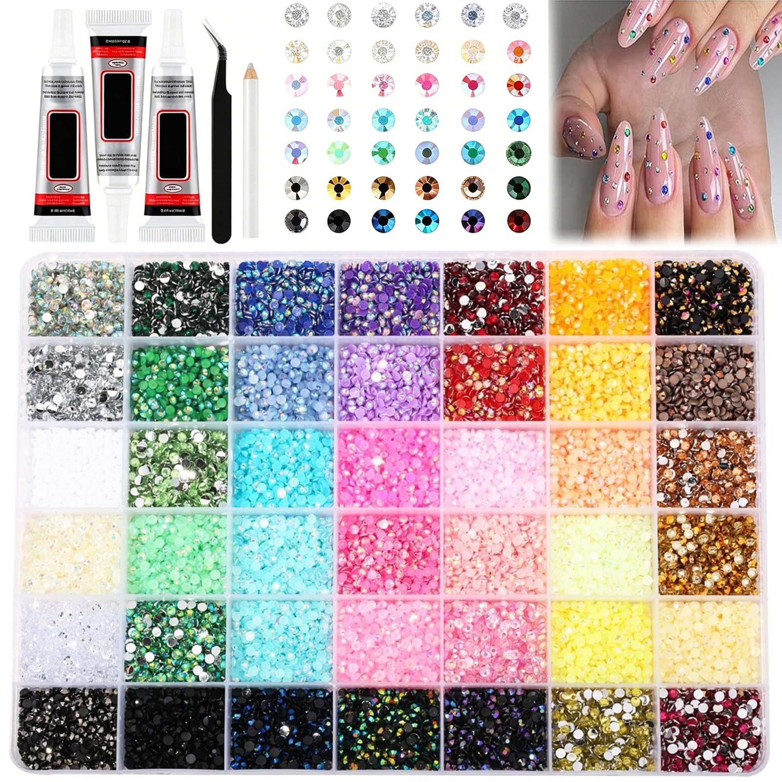 Zestaw 32000 sztuk błyszczących kamieni Bedazzler Kit, 42 kolory, 3 mm, żelowe dżety, zestaw żywicznych dżetów z 3 klejami, pęsetą i długopisem, do DIY paznokci, ubrań, majsterkowania, Diamond