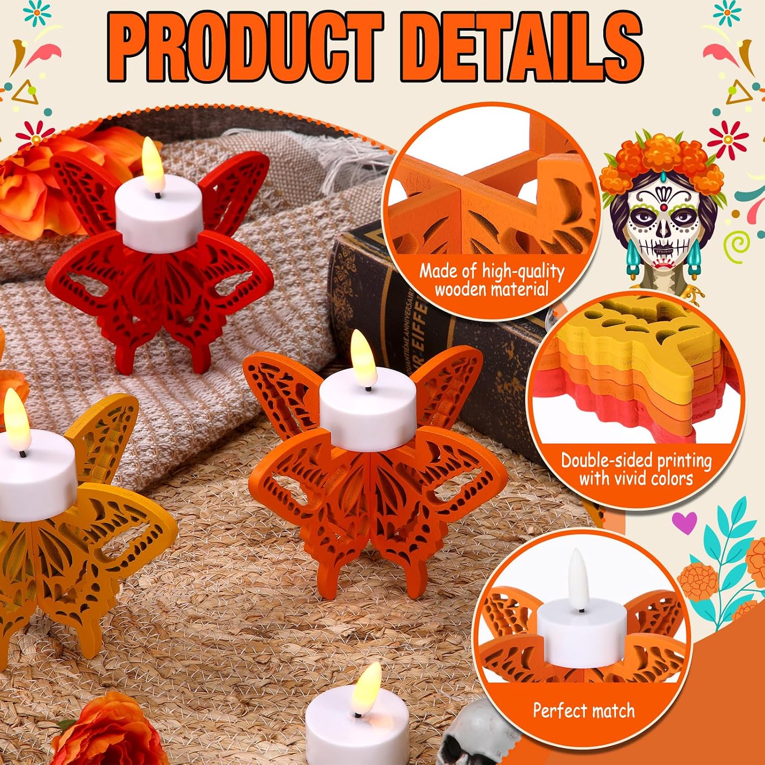 LemonRoad 6 Pcs Day of the Dead Butterfly Candle Holders Wooden Altar