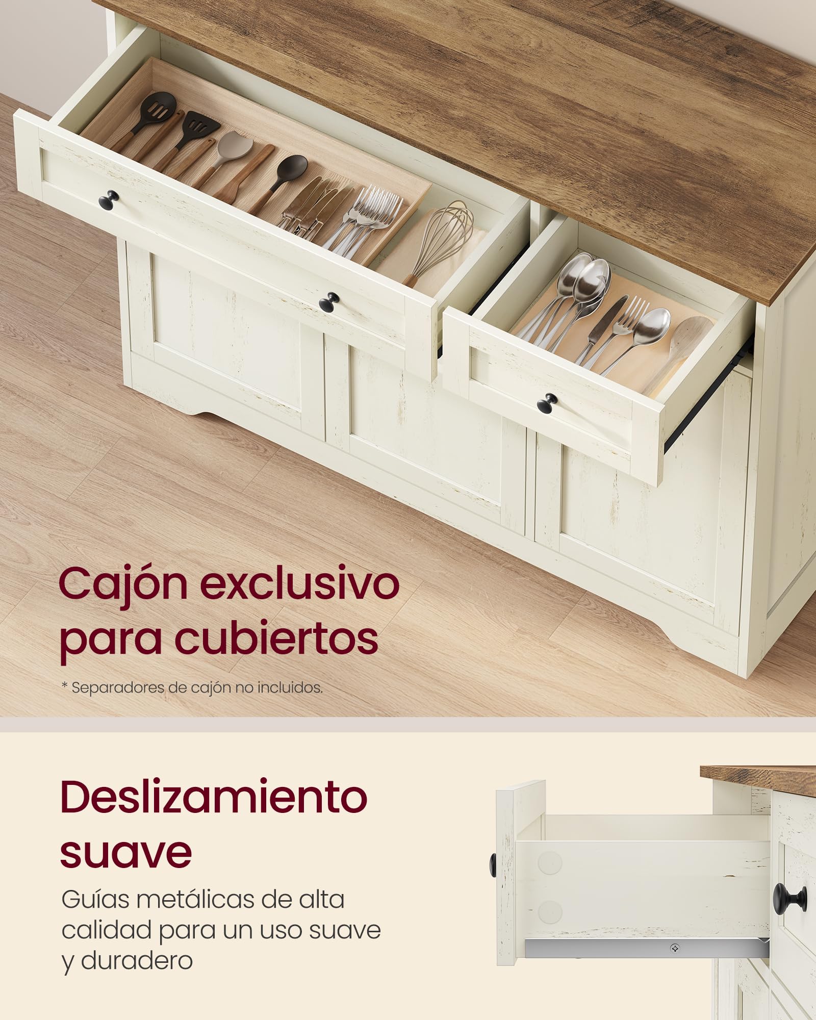 VASAGLE Siren Colección - Aparador, Armario Almacenaje, con 2 Cajones y Estantes Ajustables, 3 Puertas, Rincón de Café, 40 x 106,8 x 80 cm, Blanco Rústico LSC531WJ01