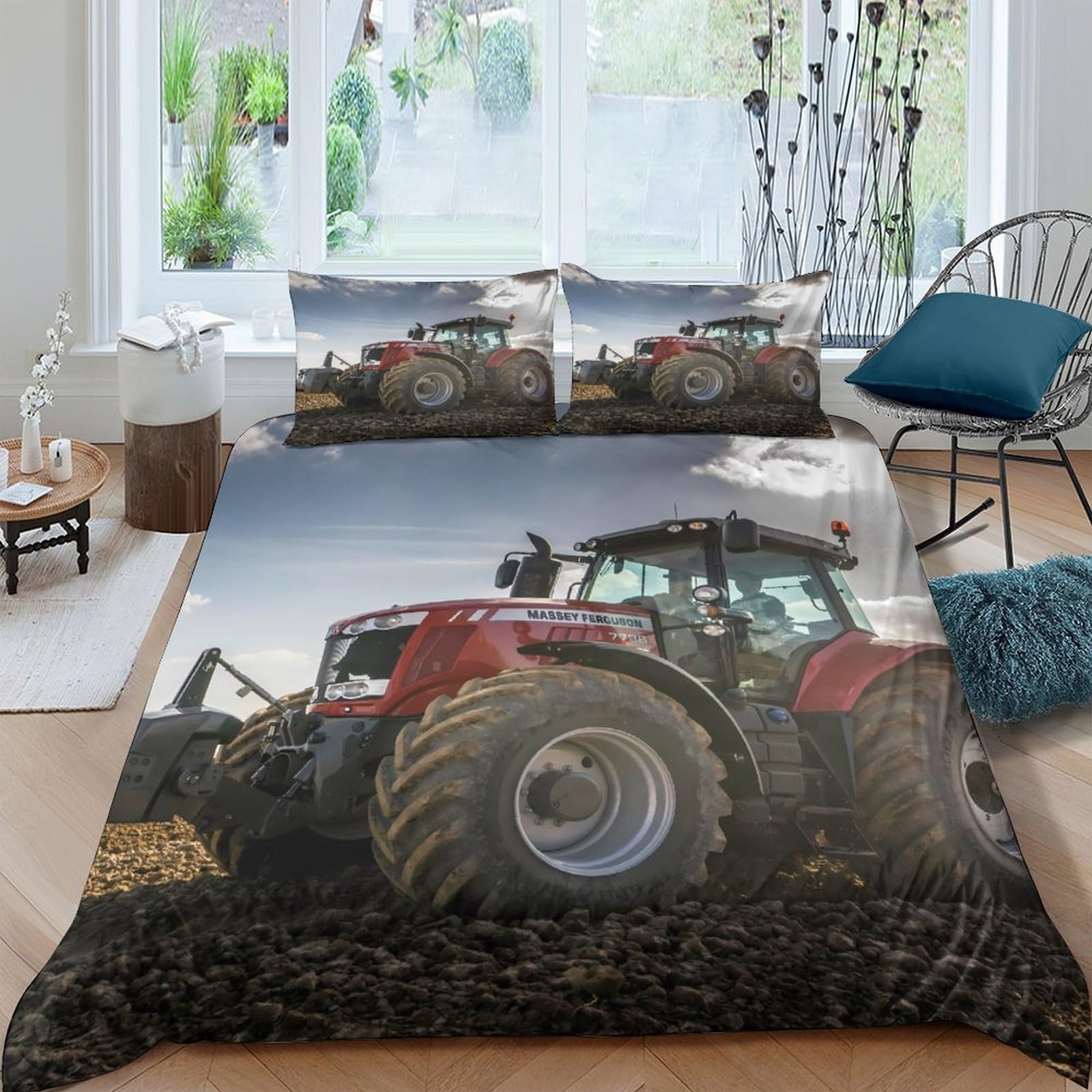 Ctjqhvkz Style-9 3D Printed Red Tractor Fitted Sheet Microfiber Soft Anti-Slip Farm Machinery Bed Cover For Bedroom Guest Room Mattress Decor Single（135X200cm）