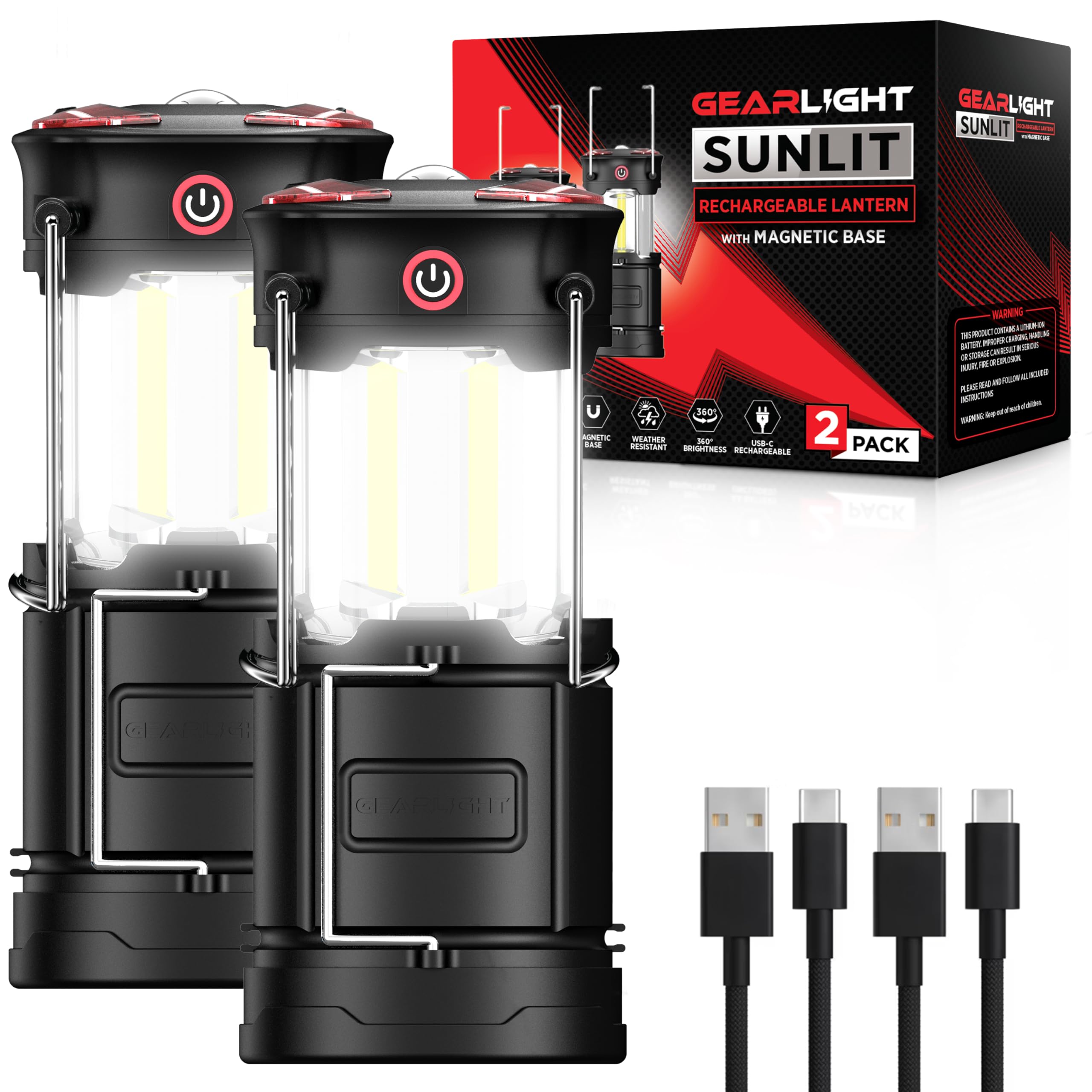 Lifelong GearLight Camping Lantern - 2 Portable, LED Battery Powered Lamp Lights, Magnetic Base and Foldable Hook for Emergency Use or Campsites