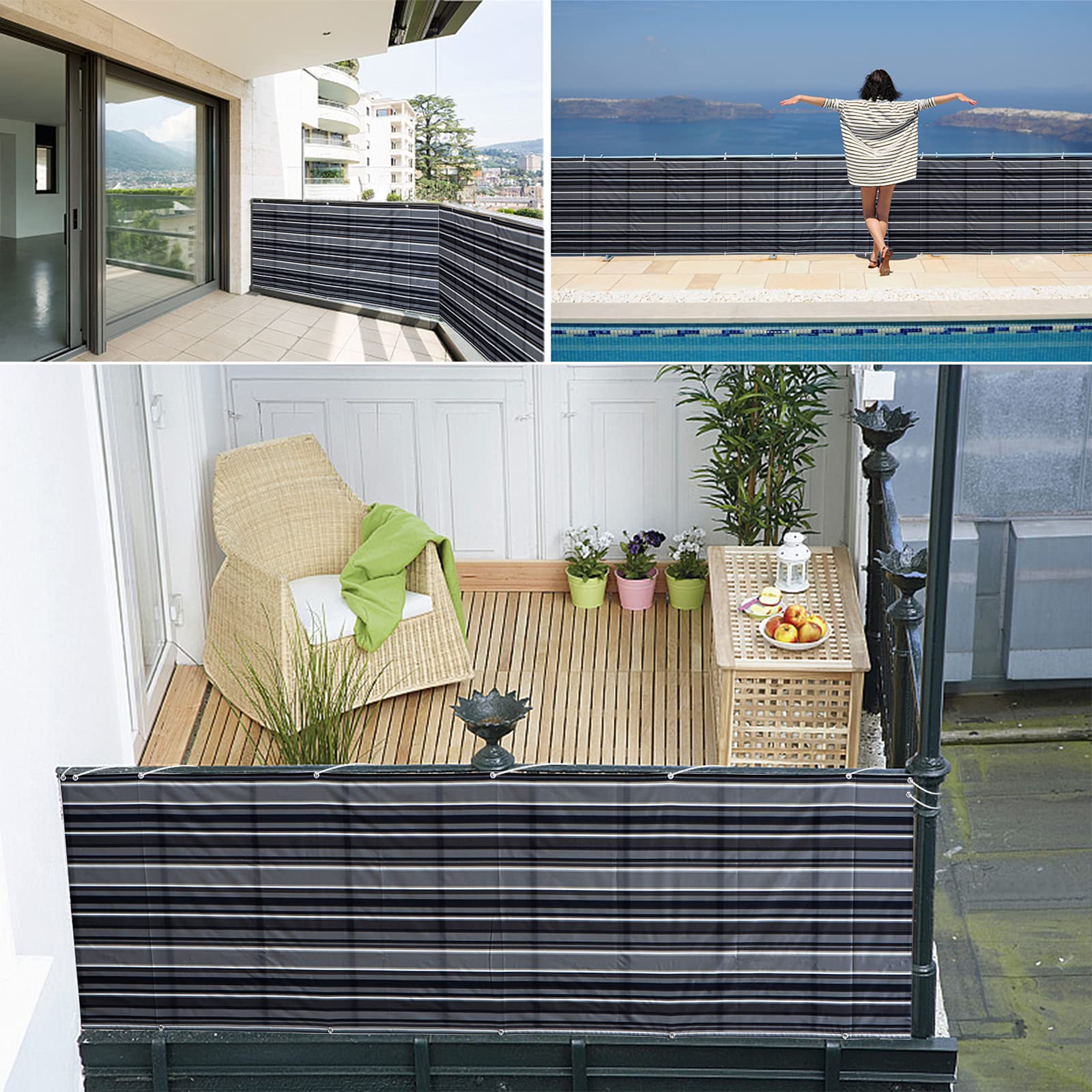 Frangivista Balcone Copertura 90x900cm Telo frangivista Recinzione Giardino Recinzione Giardino frangivista Balcone Protezione Tutto unfade per Giardino con Corde e Fascetta-Bianco e Nero
