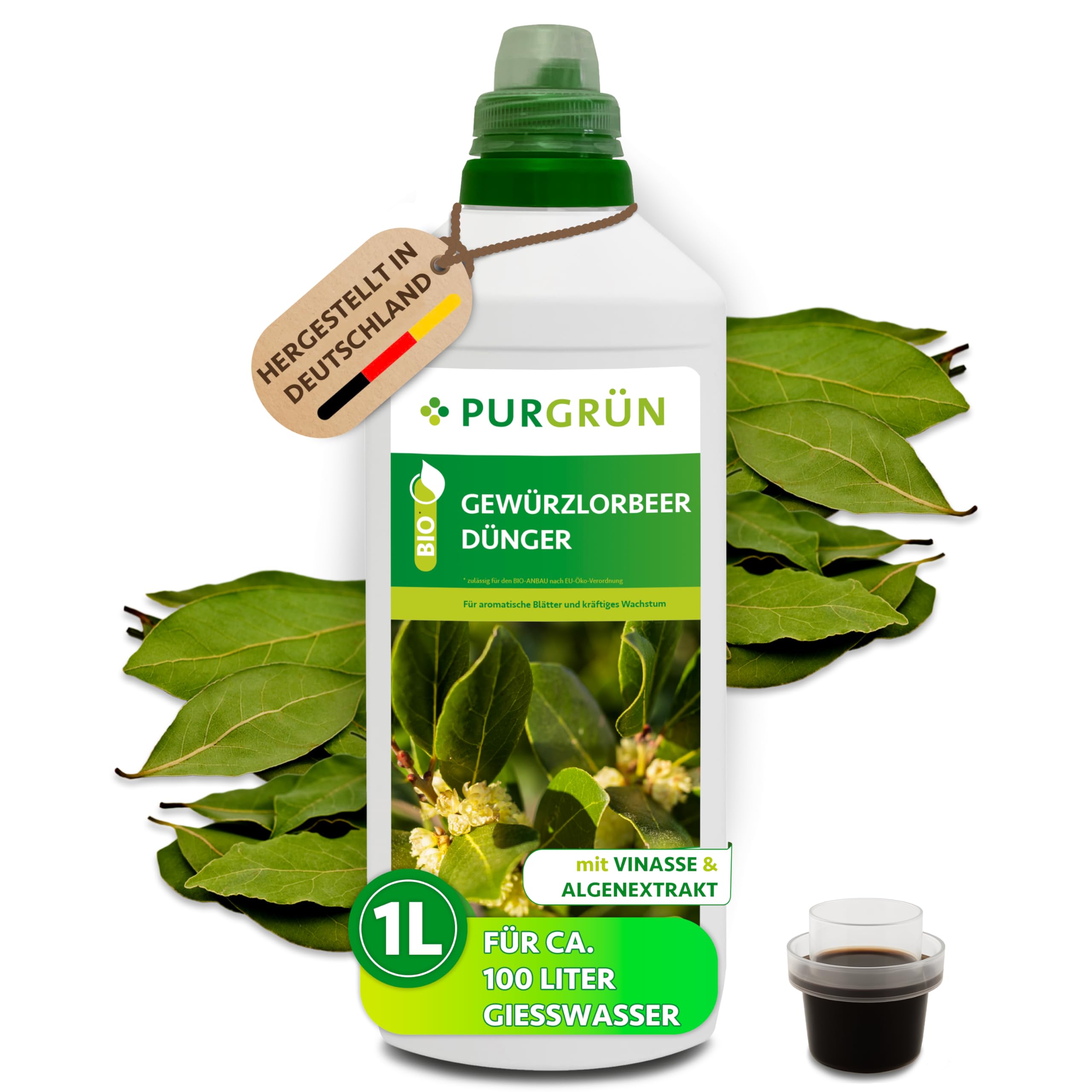 Bio-Gewürzlorbeer-Dünger 1 Liter – Organische Rezeptur – Premium-Flüssigdünger – NPK 4+1+7 – Mit Algenextrakt & Vinasse – Extra Kalium für aromatische Blätter