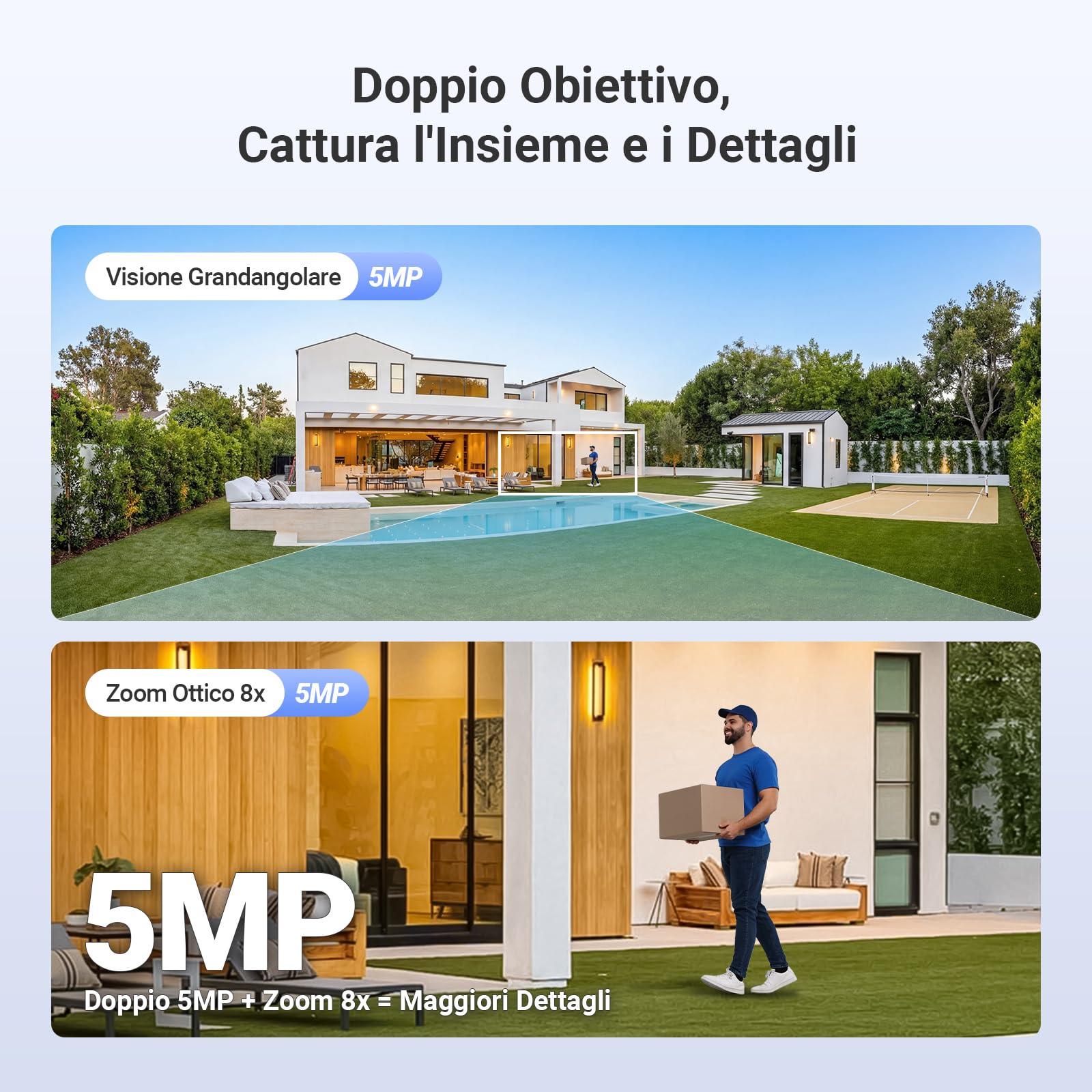 EZVIZ 10MP (5MP+5MP) Telecamera WiFi Esterno con Doppia Lente, Telecamera per Esterni a 360°, Visione Notturna a Colori, Rilevamento Persone/Veicoli, Audio Bidirezionale, Impermeabile, C9c Dual 3K