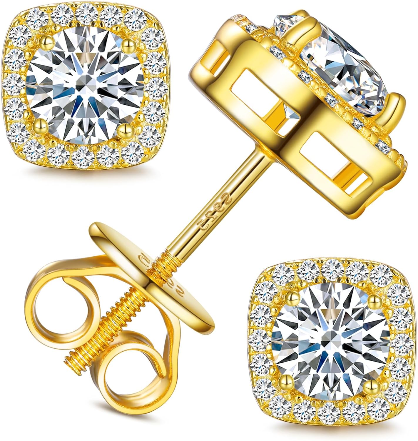 Gugots Moissanite Halo Square Stud Earrings Screw Back 925 Sterling Silver Lab Brilliant D Color VVS1 Clarity Hypoallergenic Earrings for Women Men