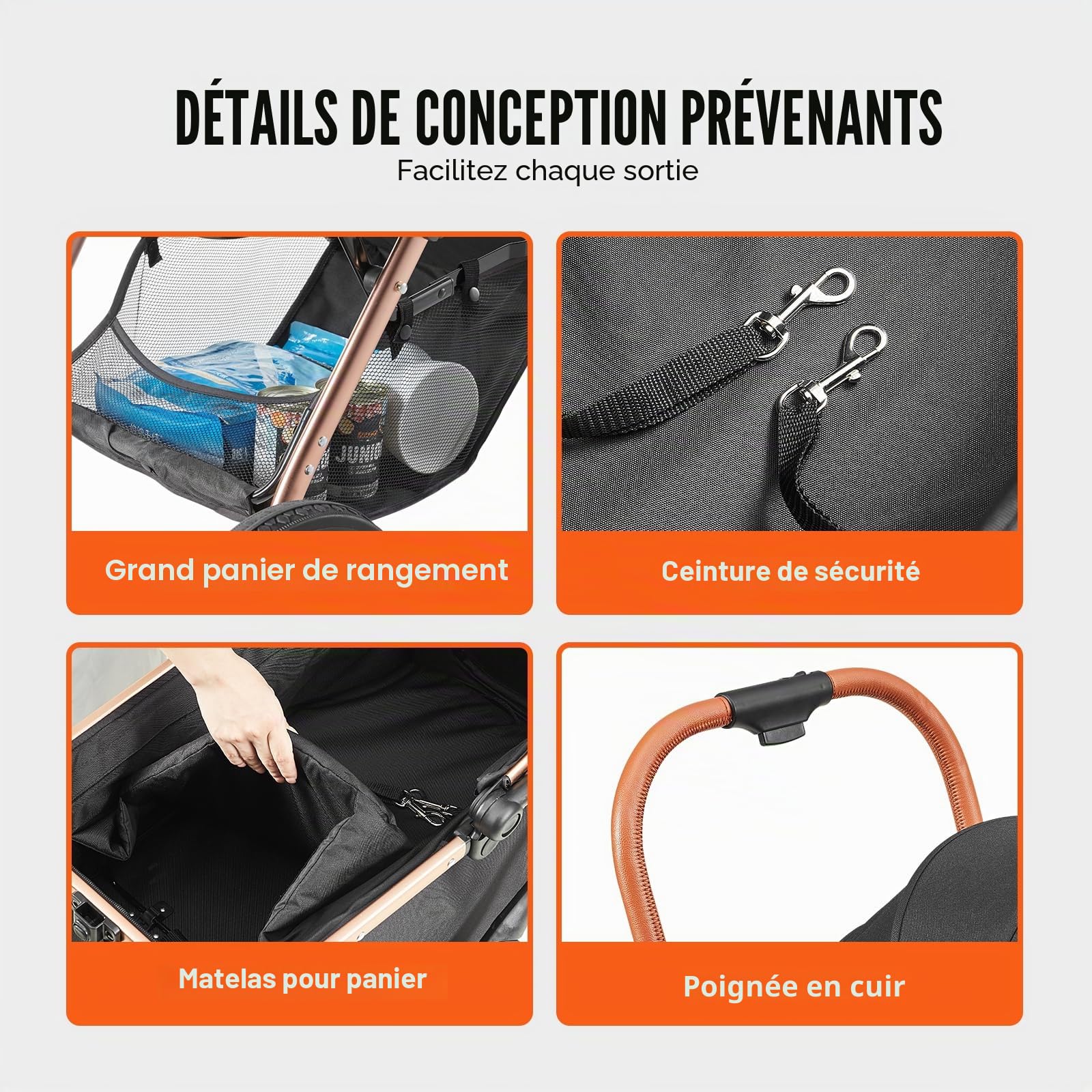VEVOR Poussette pour Chien Animaux de Compagnie 4 Roues Pivotantes avec Freins Capacité de Charge 30 kg Poussette Chat Support Amovible Panier Rangement Coussin pour Chiens Petite/Moyenne Taille, Noir