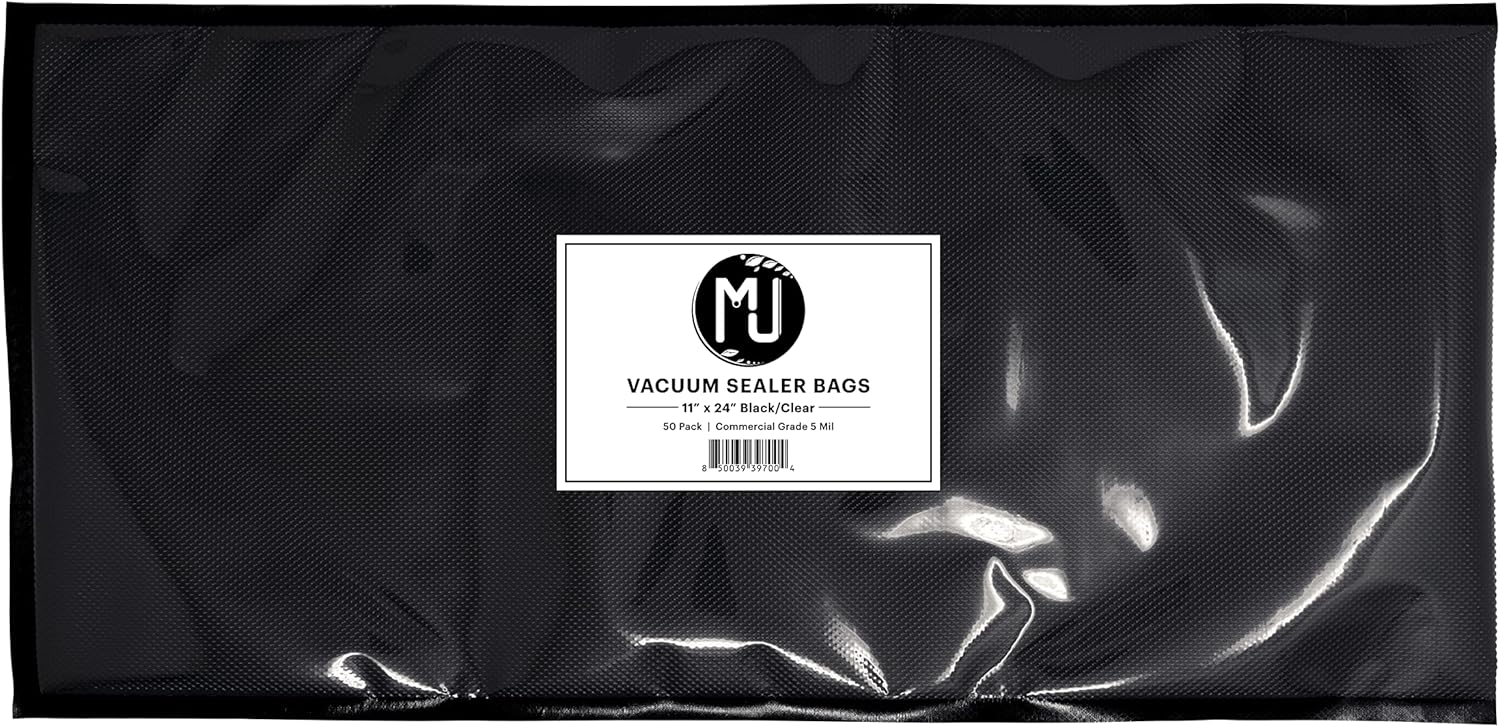 MJ Commercial-Grade Vacuum Sealer Bags for Food Storage, Sous Vide | 50 Pack (11" x 24" 5 Mil, Black and Clear)
