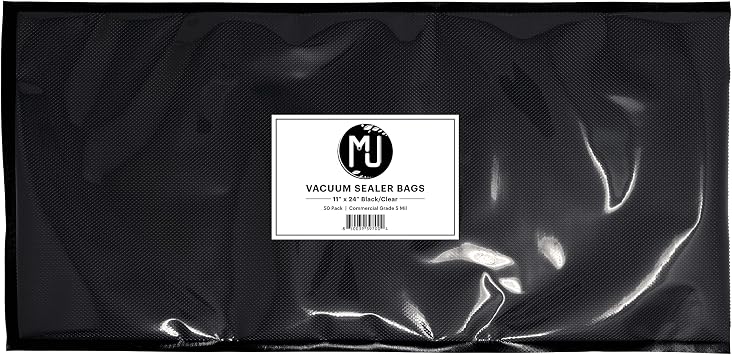 MJ Commercial-Grade Vacuum Sealer Bags for Food Storage, Sous Vide | 50 Pack 11" x 24" 5 Mil, Black and Clear
