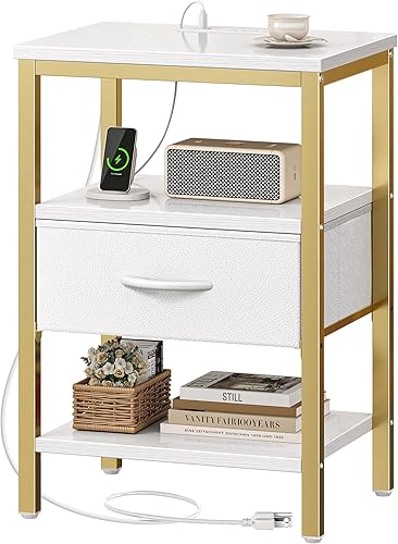 Miniatura 23 de SUPERJARE - Juego de 2 mesitas de noche con base de carga, cajón de tela ajustable, mesita de noche para dormitorio, de 3 niveles, para sala de café