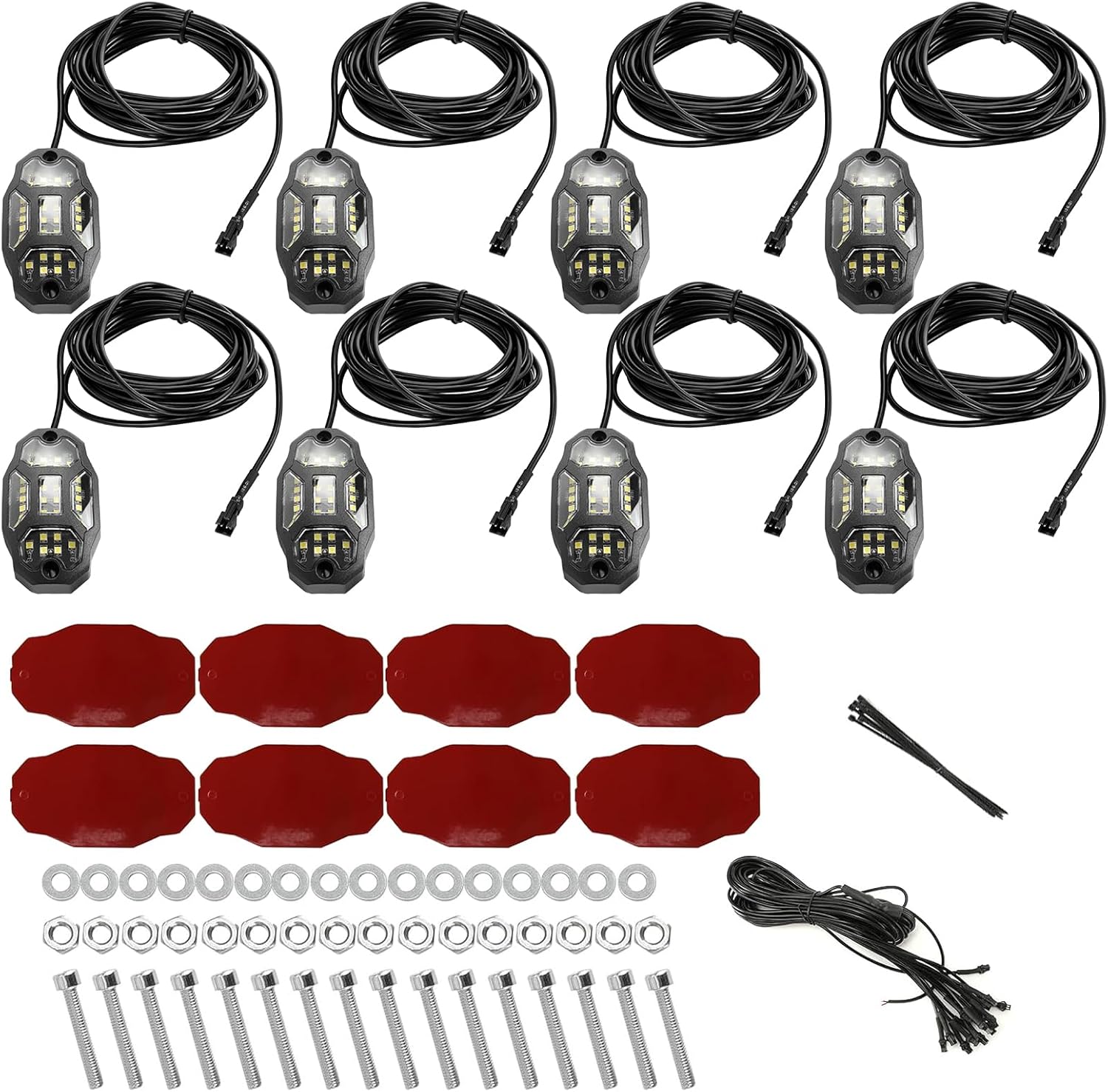 Winunite 8 Pods Quick Connect White Rock Lights, 30 Full Angle SMD Chips, 4M Extension Wires Each Light, 6000K Pure White, High Adhesive Stickers, IP67 Waterproof Fits for Trucks Trailer SUV ATV UTV