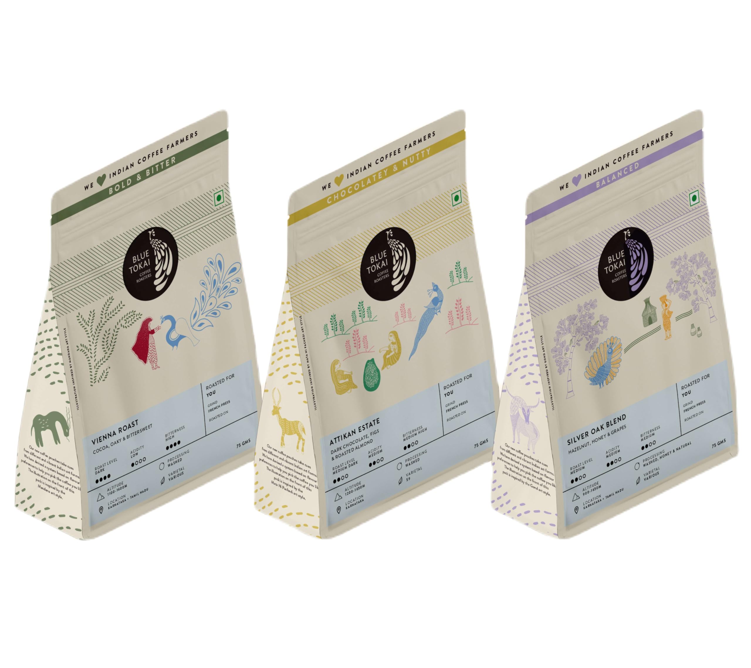 Blue Tokai Coffee Roasters Assorted Sampler Pack Of Coffee Blends|Vienna Dark Roast, Attikan Estate & Silver Oak Medium Roasted|French Press Grind|Roasted Ground Coffee (75 Gram Each, Pack Of 3)|BAG