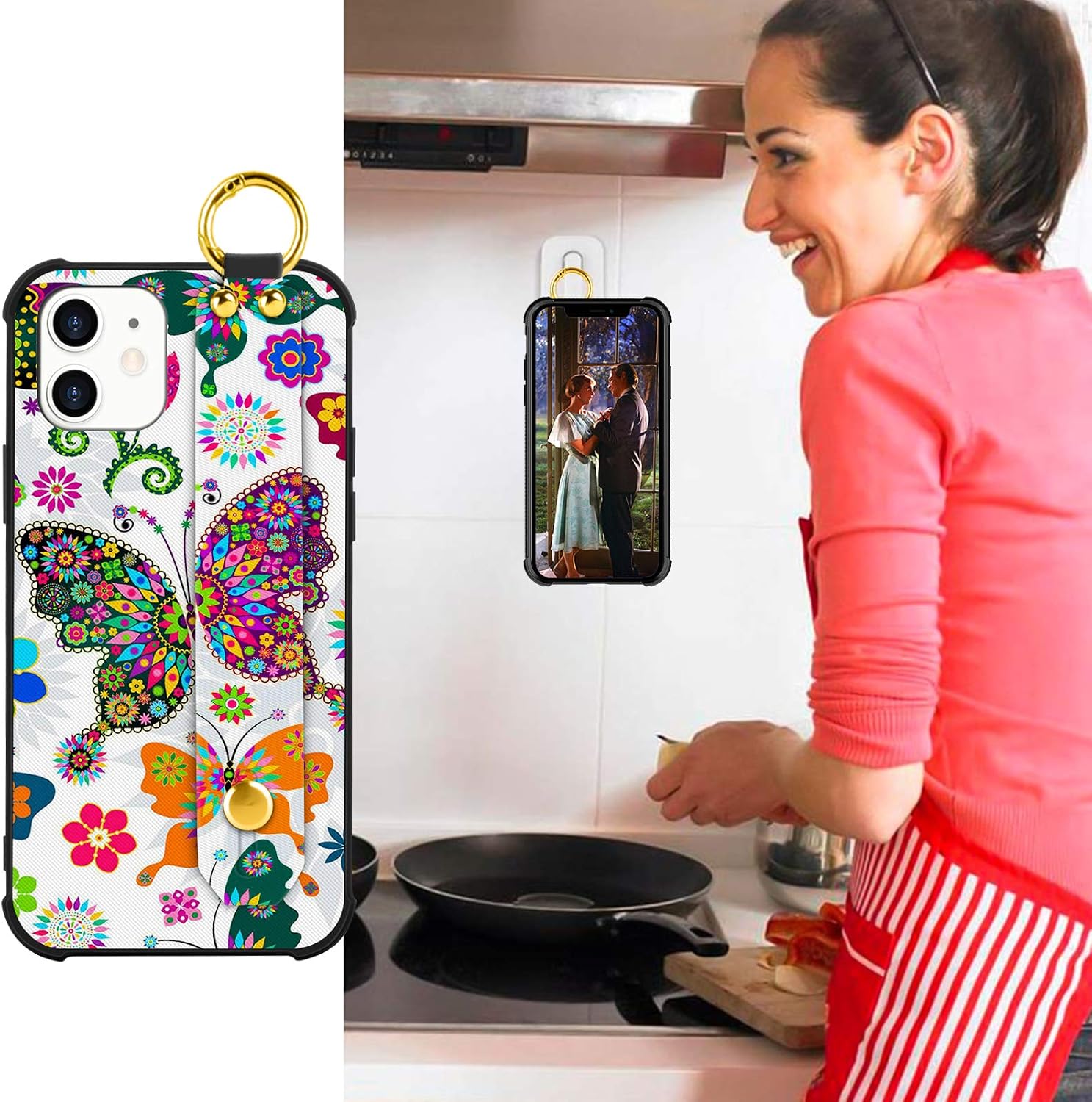 OOK Compatible with iPhone 12 Mini Case Butterfly Design Wrist Strap Cell Phone Cover with Lanyard Kickstand Band Protective Shockproof Stand Pattern Bumper Case for Women Girls for iPhone 12 Mini
