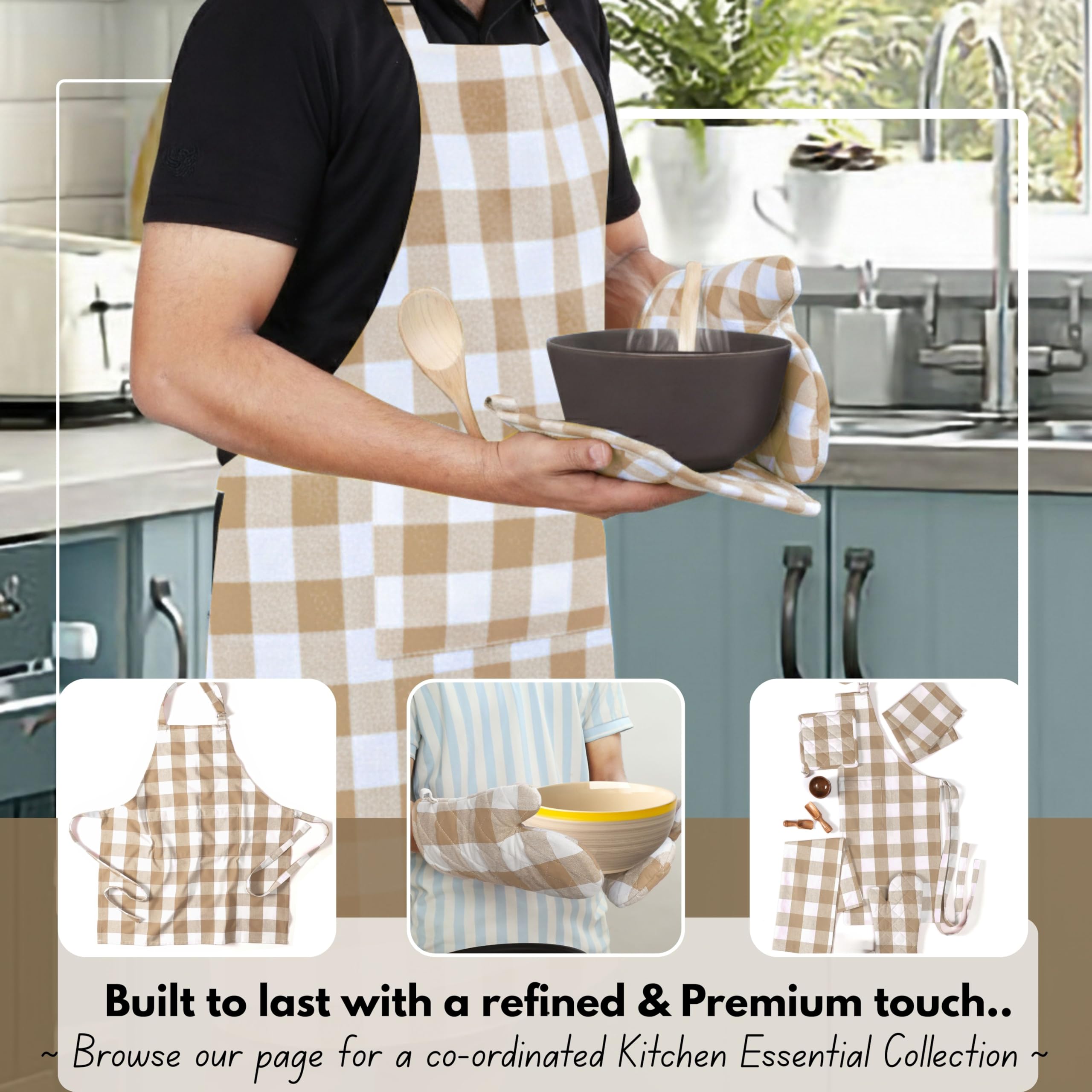 Native Fab Buffalo - Set di 4 guanti da forno e presine a quadri in 100% cotone, resistenti al calore, 2 guanti da forno (7 x 13), 2 presine (8 x 8) per cucinare e cuocere, beige bianco