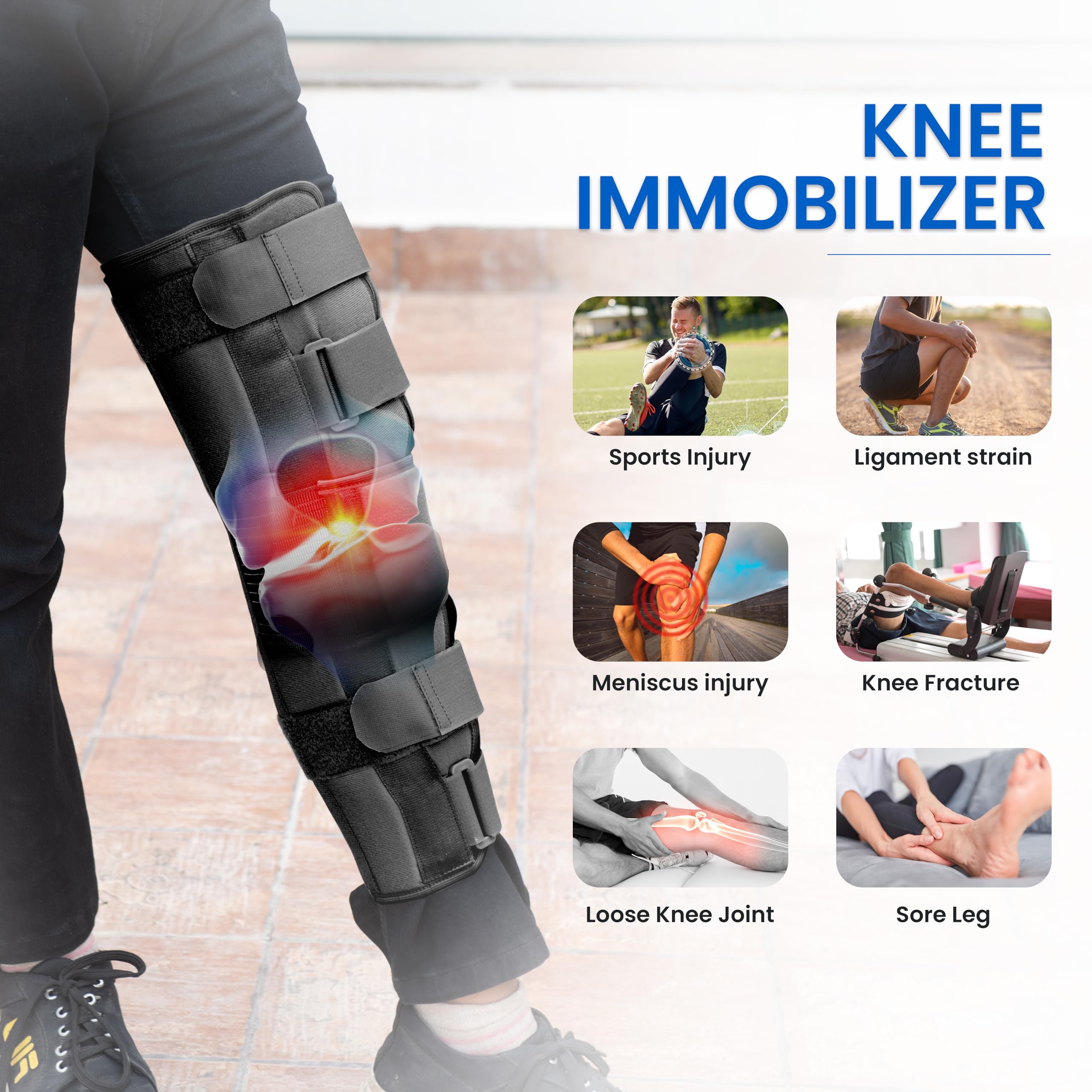 Wonder Care Genouillère d'immobilisation pour soutien du genou pour luxation, ligament, déchirure, genouillère de stabilisation pour homme et femme (48,3 cm de large), Noir_M