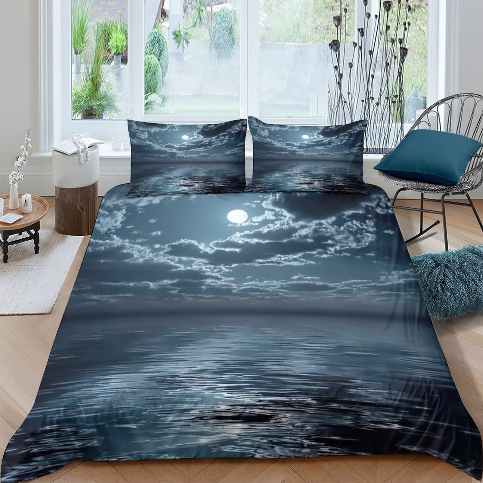 Ctjqhvkz Style-1 3D Printed Moonlit Ocean Fitted Sheet Microfiber Soft Anti-Slip Night Sky Mattress Cover Bedroom Decor Single（135X200cm）