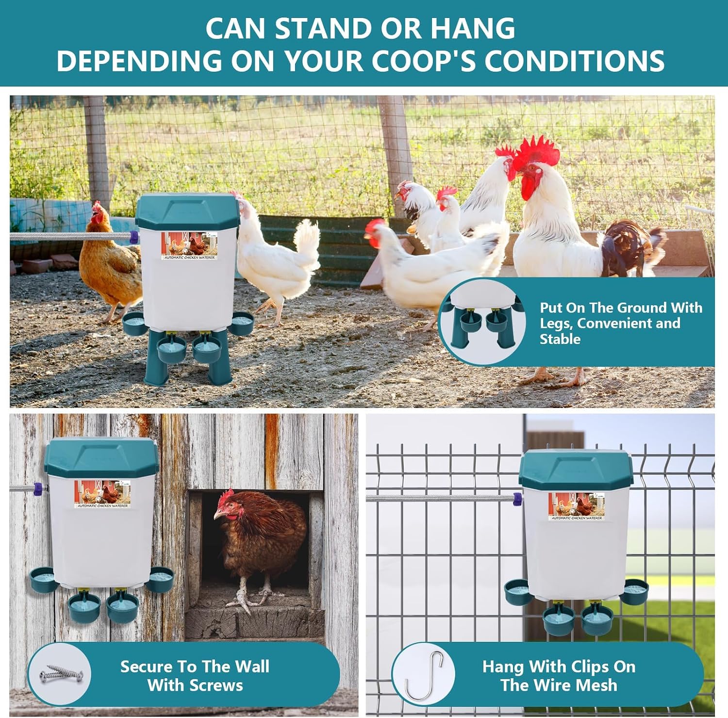Float-Controlled Automatic Chicken Waterer for Continuous Fresh Water, Standable Auto Chicken Waterer with 60 Inch Water Hose (One End 3/4''), Suitable for Quail Duck Turkey