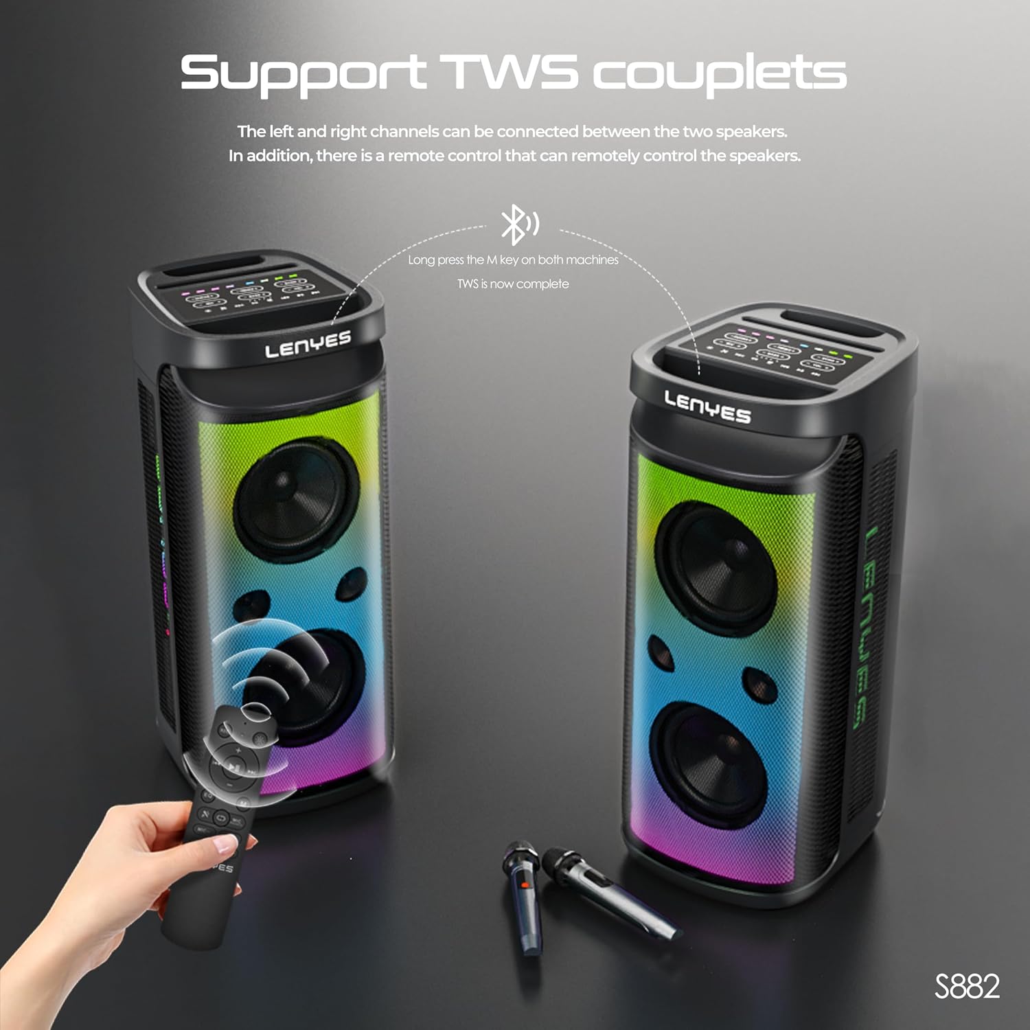 Two Lenyes S882 speakers paired for TWS, with a remote control and microphones