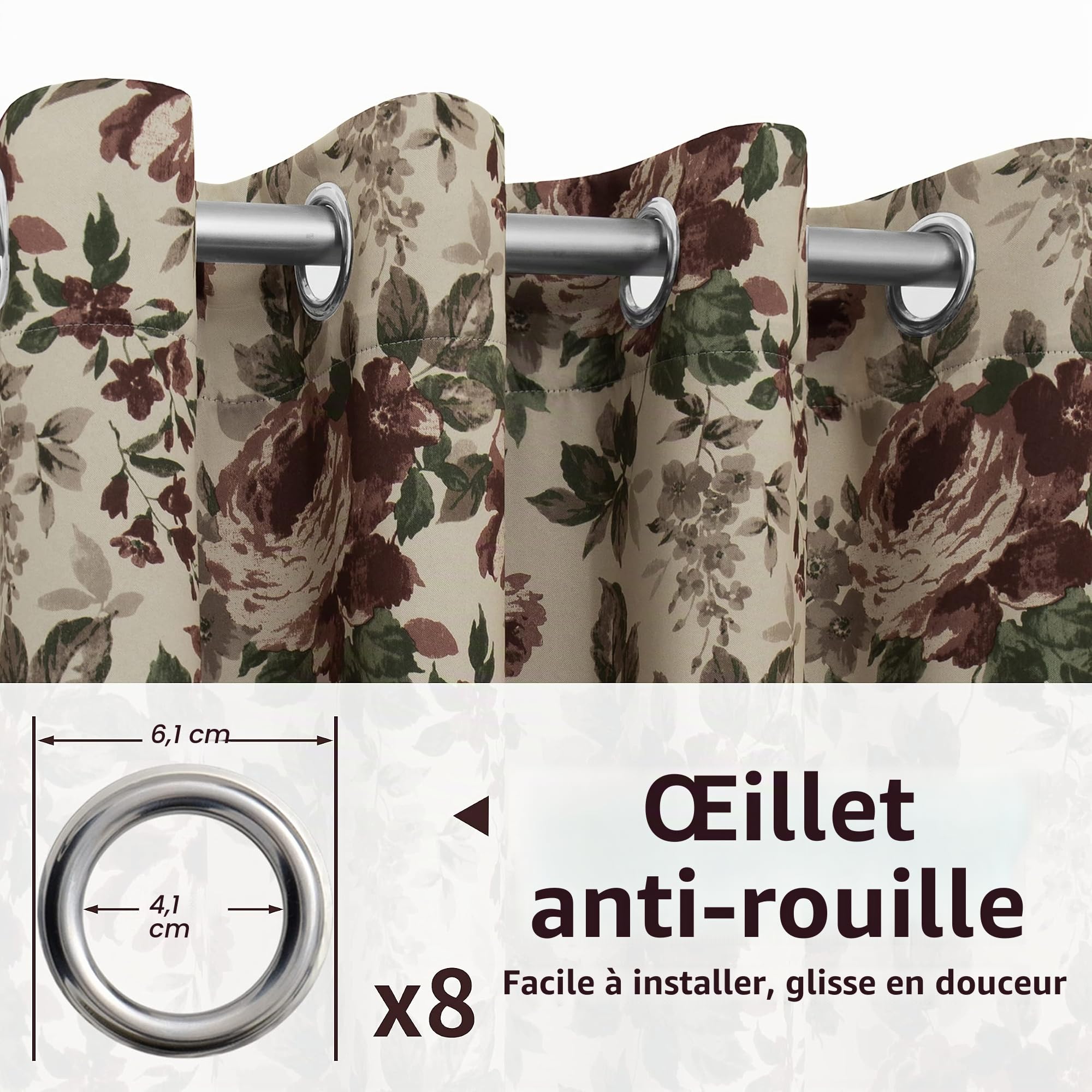 Easy-Going Lot de 2 Rideaux occultants imprimés de 213 cm de Long avec œillets - Isolation Thermique - pour Chambre à Coucher, Salon, Chambre d'enfant (Beige)