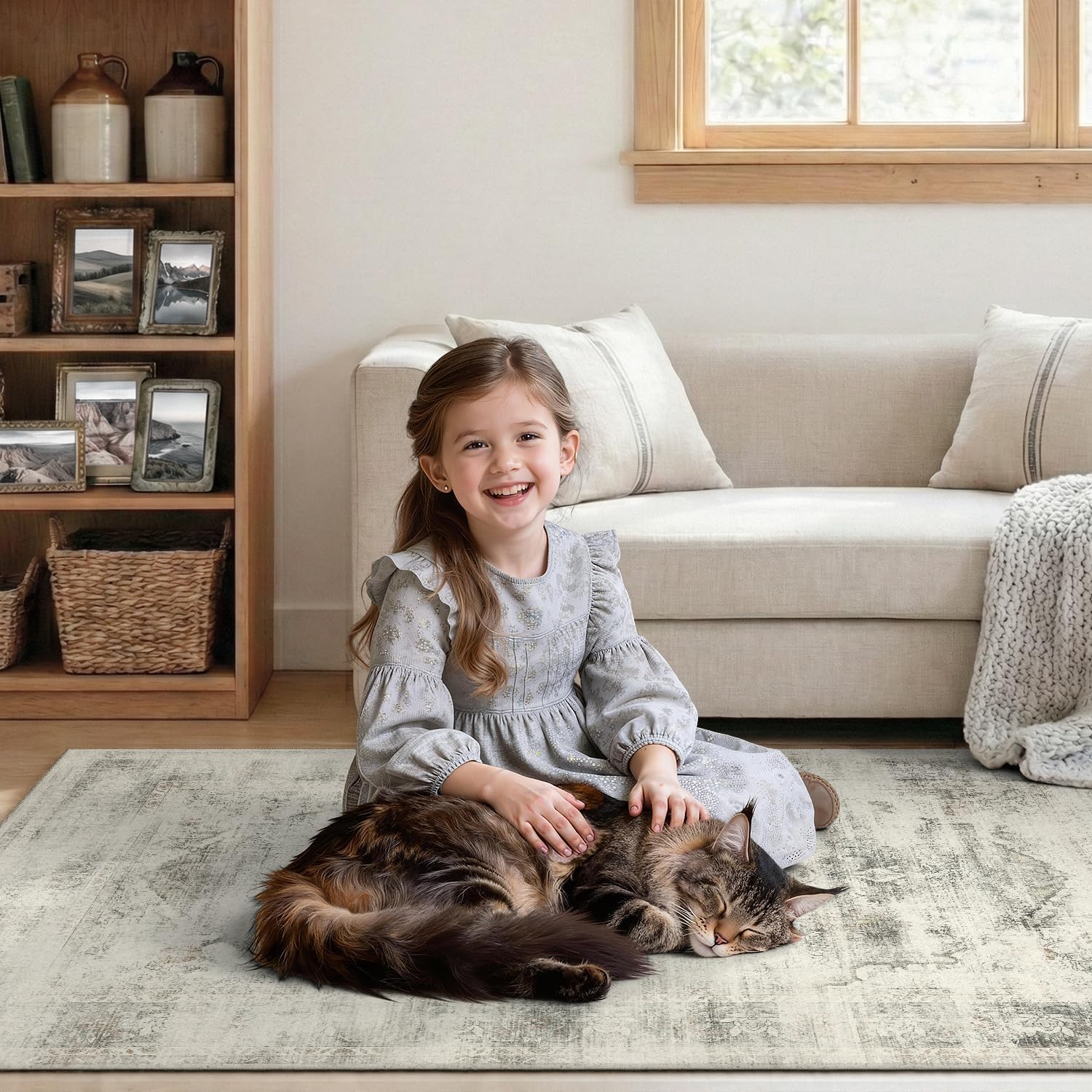 DCX 4x6 Beige Rug, Machine Washable Stain Resistant Distressed Vintage Rug, Kid & Pet Friendly with Rubber Back Non Slip Soft Low Pile Large Carpet for Living Room, Bedroom, Home Office