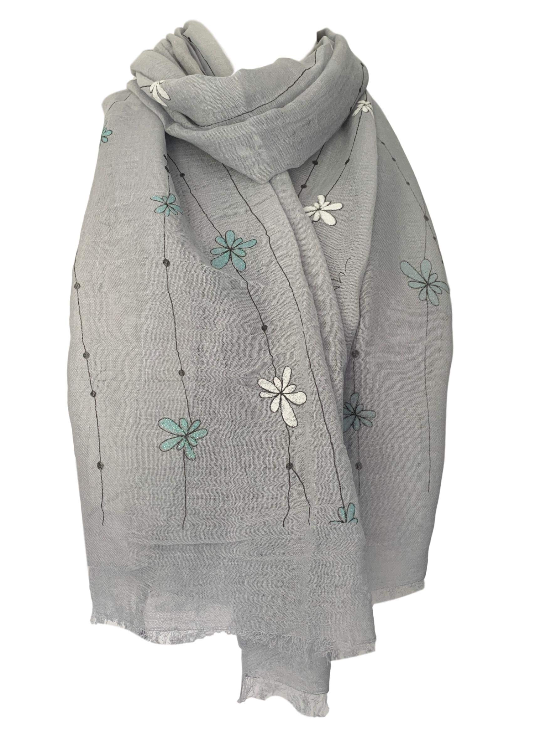 Grey Floral Scarf Blue White Flowers Womens Flower Shawl Lightweight Wrap New