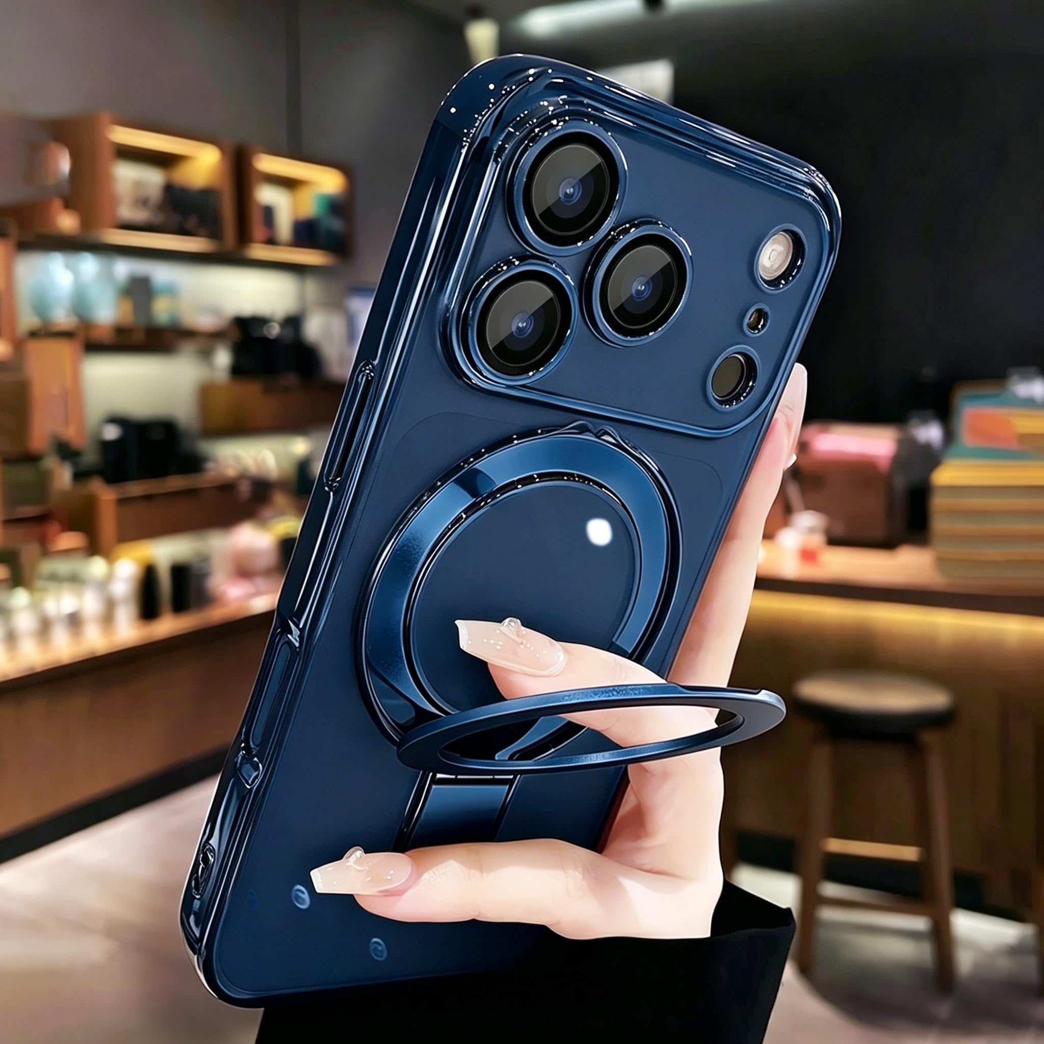 Funda transparente para iPhone 17 Pro Max con soporte [soporte magnético invisible], botones de control de cámara [protección de grado militar a prueba de golpes de 360º], funda para iPhone