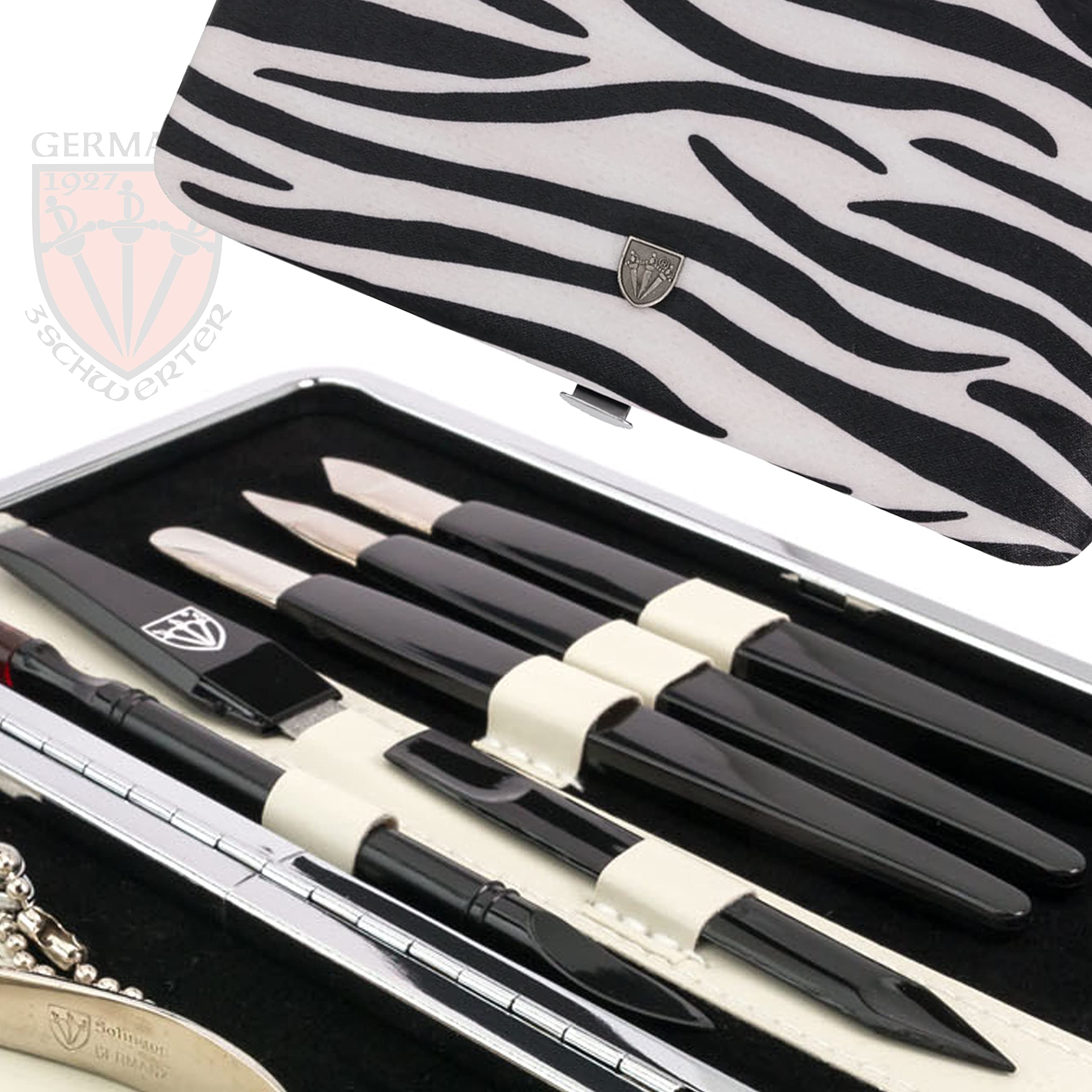 DREI SCHWERTER Germany Maniküreset Nagel Set 'Treviso' - 11-tlg. aus Textil im Zebralook, edles Rahmentui, Inhalt: Nagelzange, Hautschere, Pinzette, Saphirnagelfeile und vieles mehr!