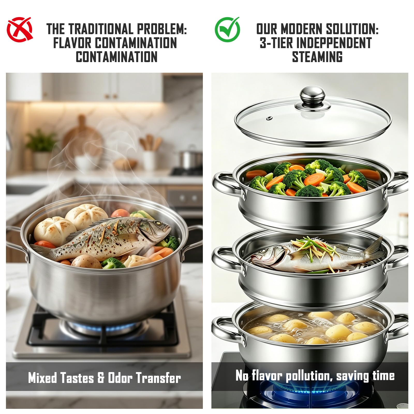 Olla Vaporera 28cm – Cocción al Vapor en Acero Inoxidable de 3 Niveles con Tapa de Vidrio – Para Sopas, Verduras, Pastas y Mariscos – Apt para Inducción y Lavavajillas