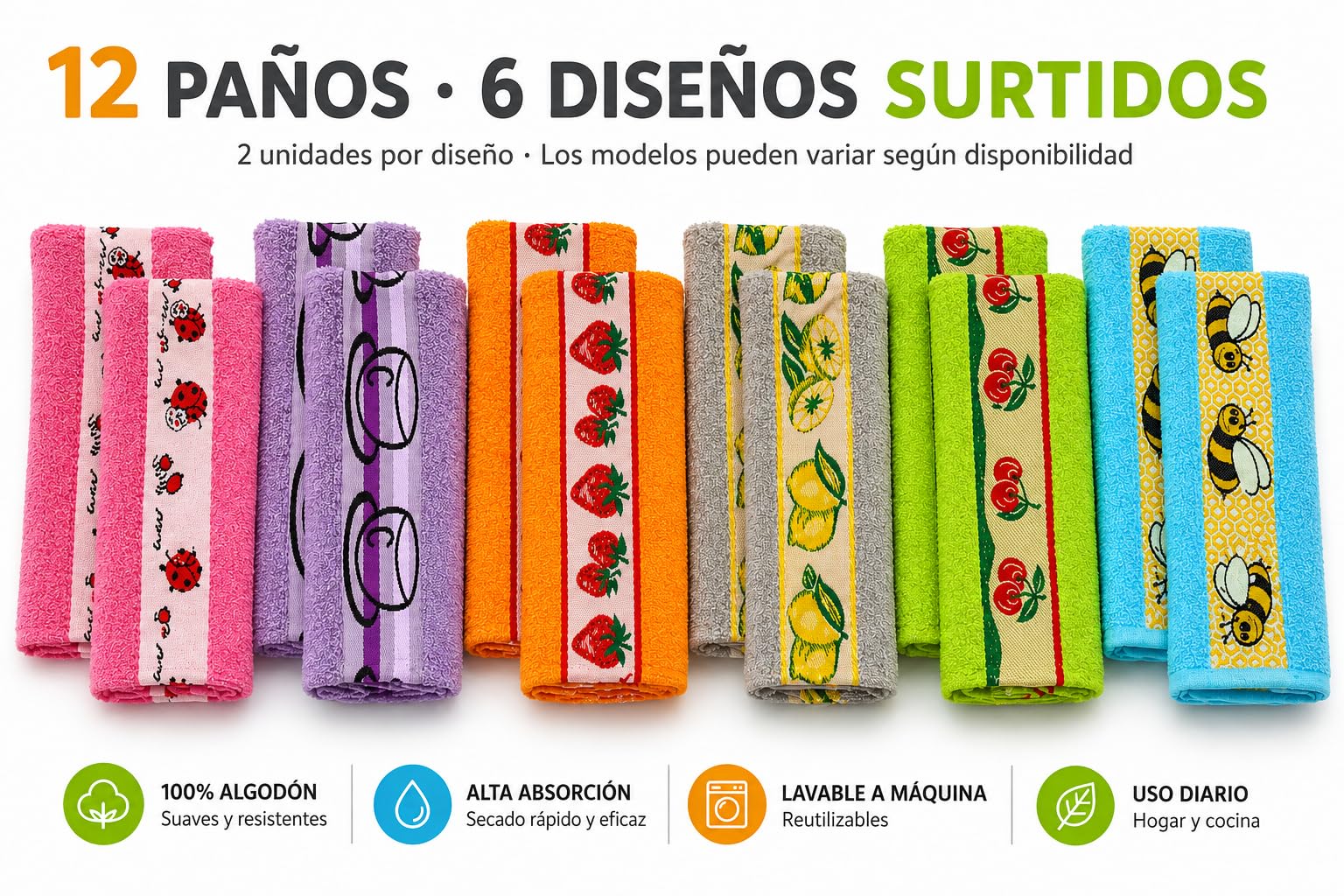 Genérico Paños de Cocina 100% Algodón 50x50 cm, Pack de 12 (Abejas)