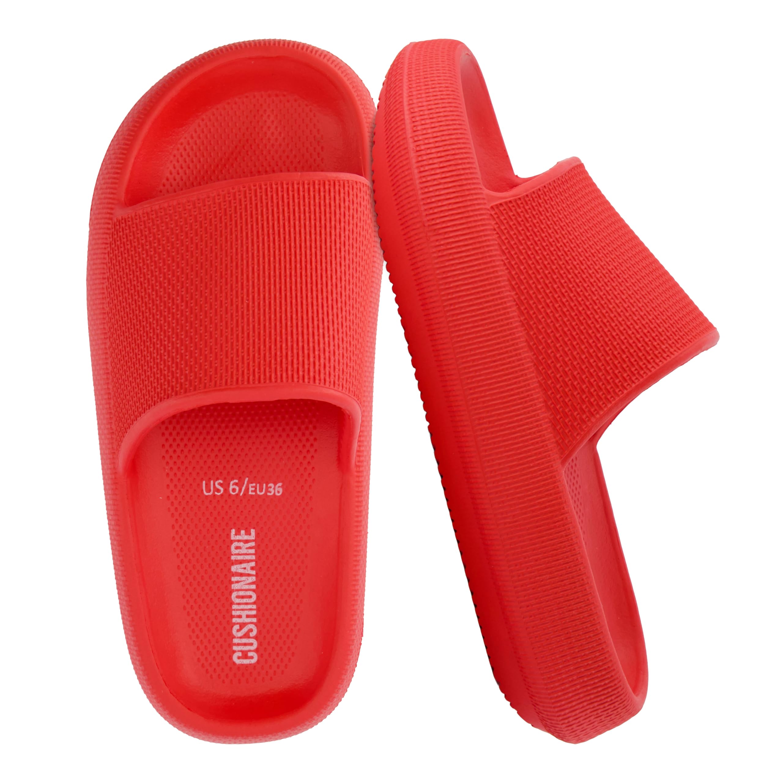 CUSHIONAIRE Feather EVA Slides for Women – Comfortable Slip On Womens Slippers, Indoor Outdoor Shower Shoes, Beach Essential Cloud Slides