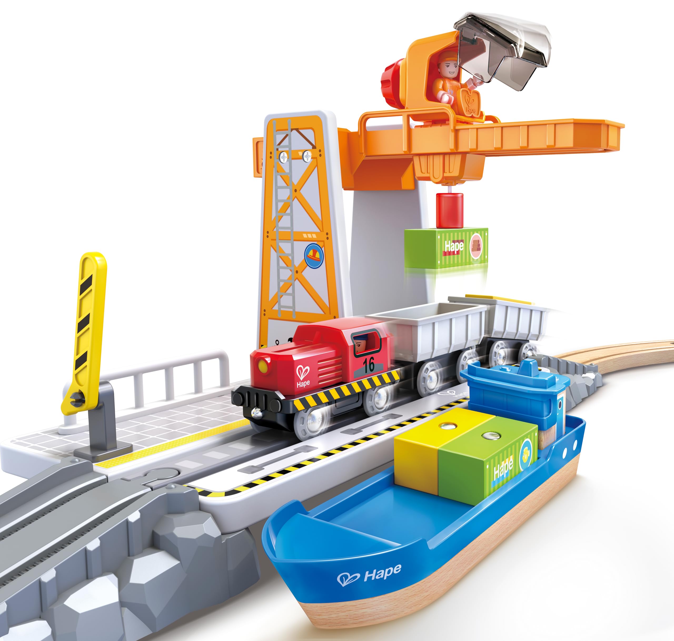 Hape Bahn- und Seefracht Set - Eisenbahn für Kinder, Holz-Frachtzug und Frachtschiff mit Kran, 2-in-1 Eisenbahn- und Hafen-Spielset, ab 3 Jahren