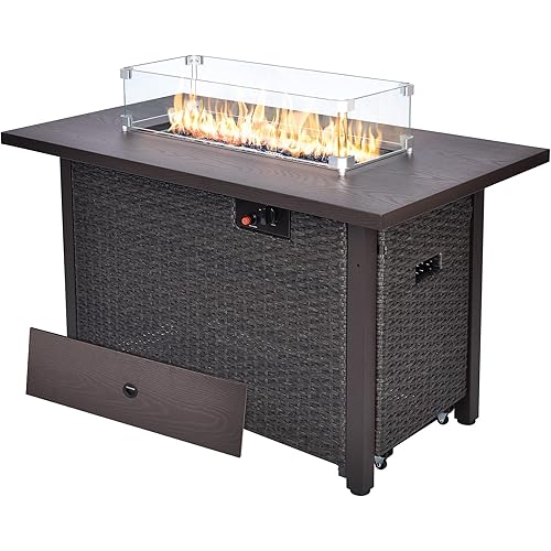 Fire Pit Table 42 Inch Outdoor Propane Gas Fire Pit for Outside 50,000 BTU Auto-Ignition Gas Firepit Outdoor Rattan Table with Glass Wind Guard and Cover